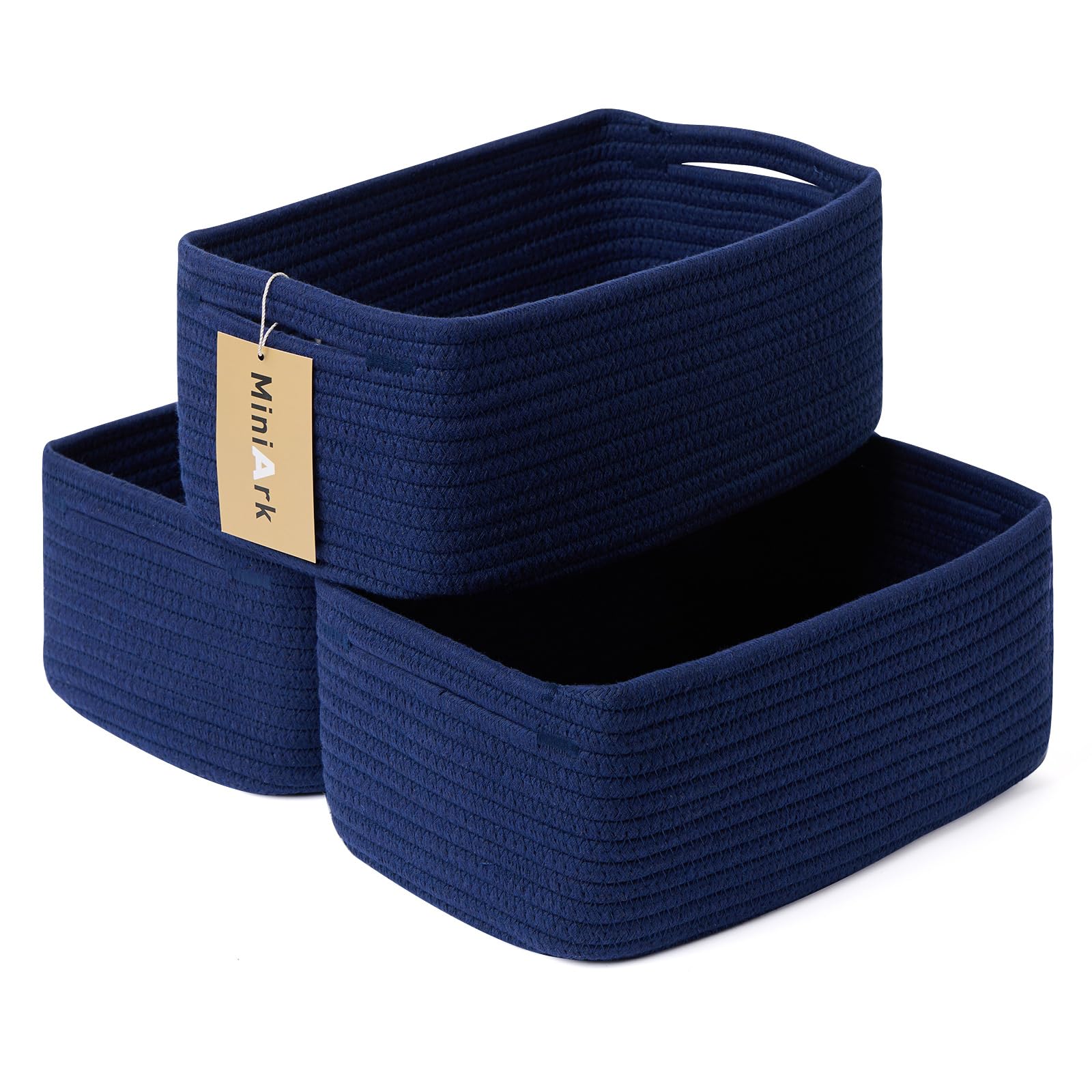 MiniArk Small Storage Baskets for Organizing | Closet Organizer Bins | Shelf Toy Basket | Woven Rope Baskets | Cube Decorative Box | Shallow Basket | 13x8.5x5.1” | 3 Packs Navy Blue