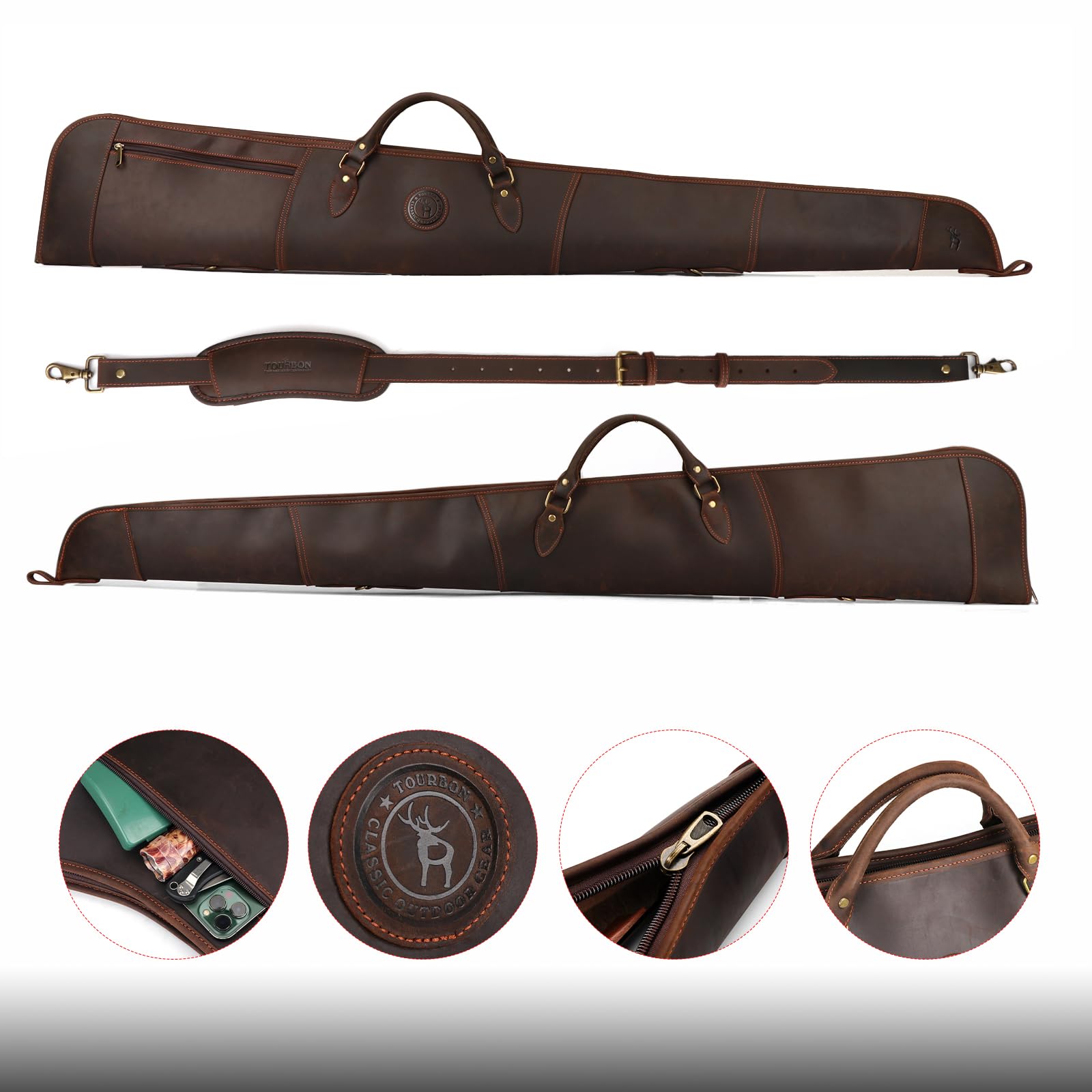 TOURBON Leather Shotgun Case with Pocket, 52 inch Gun Bag, Hunting Shooting Accessories (Shotgun Case)
