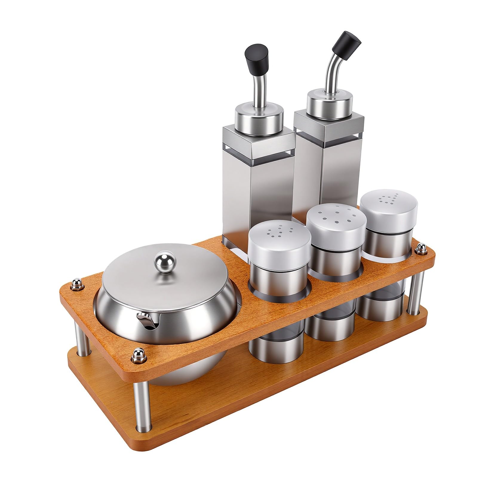 Fockety Set Barattoli per Condimenti in Acciaio Inossidabile 304 per Uso Alimentare, Barattoli per Condimenti con Coperchi Ermetici in Legno, Contenitori per per Sale,