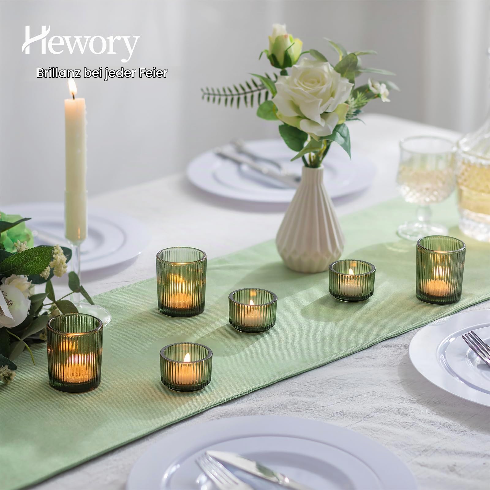 Hewory 24er Set Teelichtgläser Grün Teelichthalter Glas für Tischdeko | Zwei Größen, Dickes Premium-Glas, Windlicht für Teelicht Wohnzimmer Deko Weihnachten Hochzeit Party Konfirmation Großpack