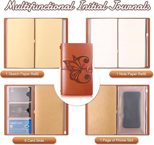 Miniatura 4 de Booson Diario de viaje inicial personalizado con mariposas, cuaderno de cuero, diario recargable, bloc de notas de escritura, monograma, regalo para