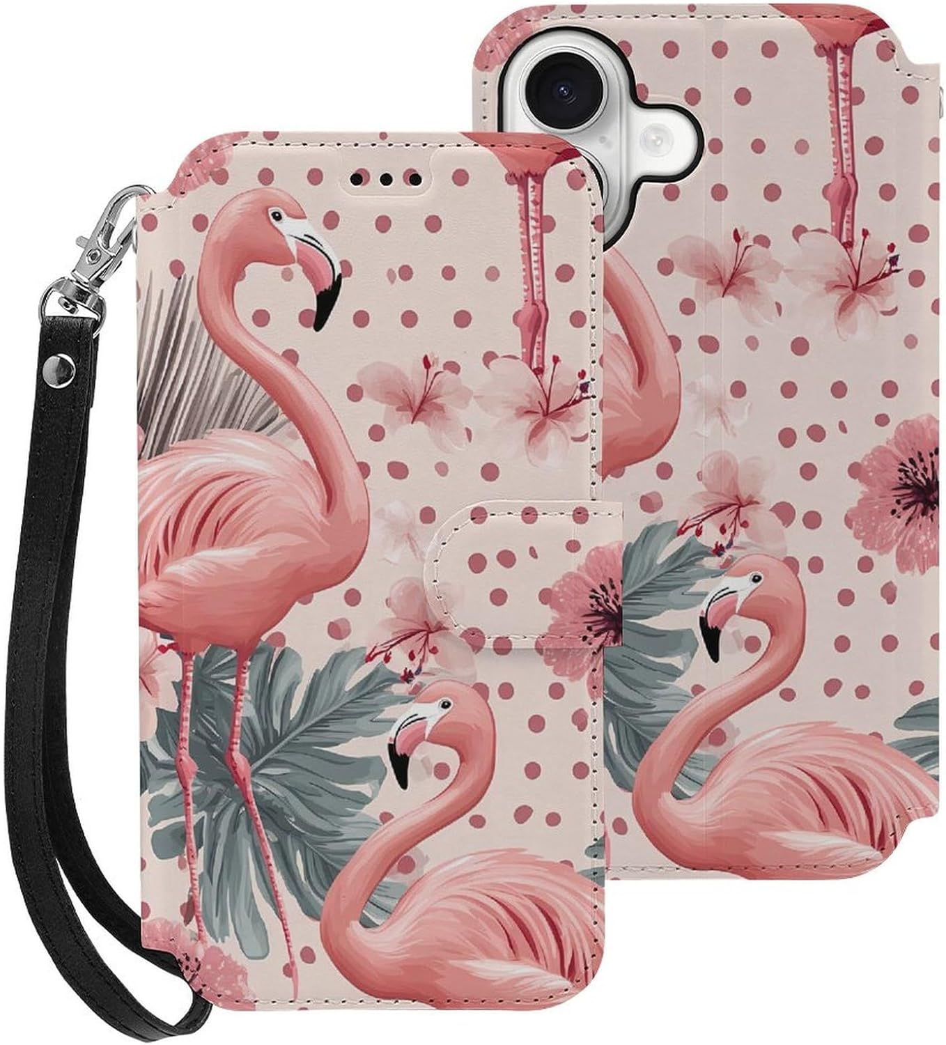 Flamingos Tropical Flowers Polka Dots Compatible with iPhone 16/16 Plus/16 Pro/16 Pro Max/16 E Case Phone Wallet Card Holder Flip Cover with Wrist Strap