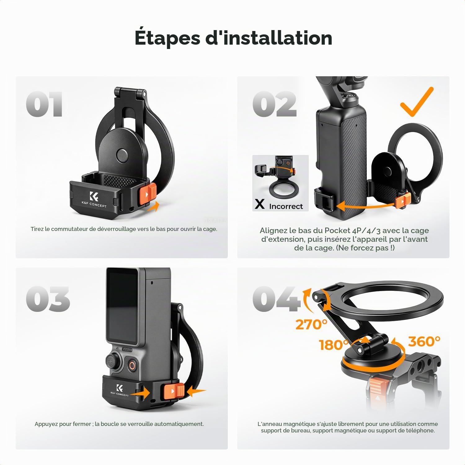 K&F CONCEPT Cadre d’Extension Magnétique Compatible DJI Osmo Pocket 4/4P/3 | En Aluminium, Réglable 3 Axes, Compatible Mag-Safe, Ports Complets, Stand Bureau, Anti-Rayure - PP62