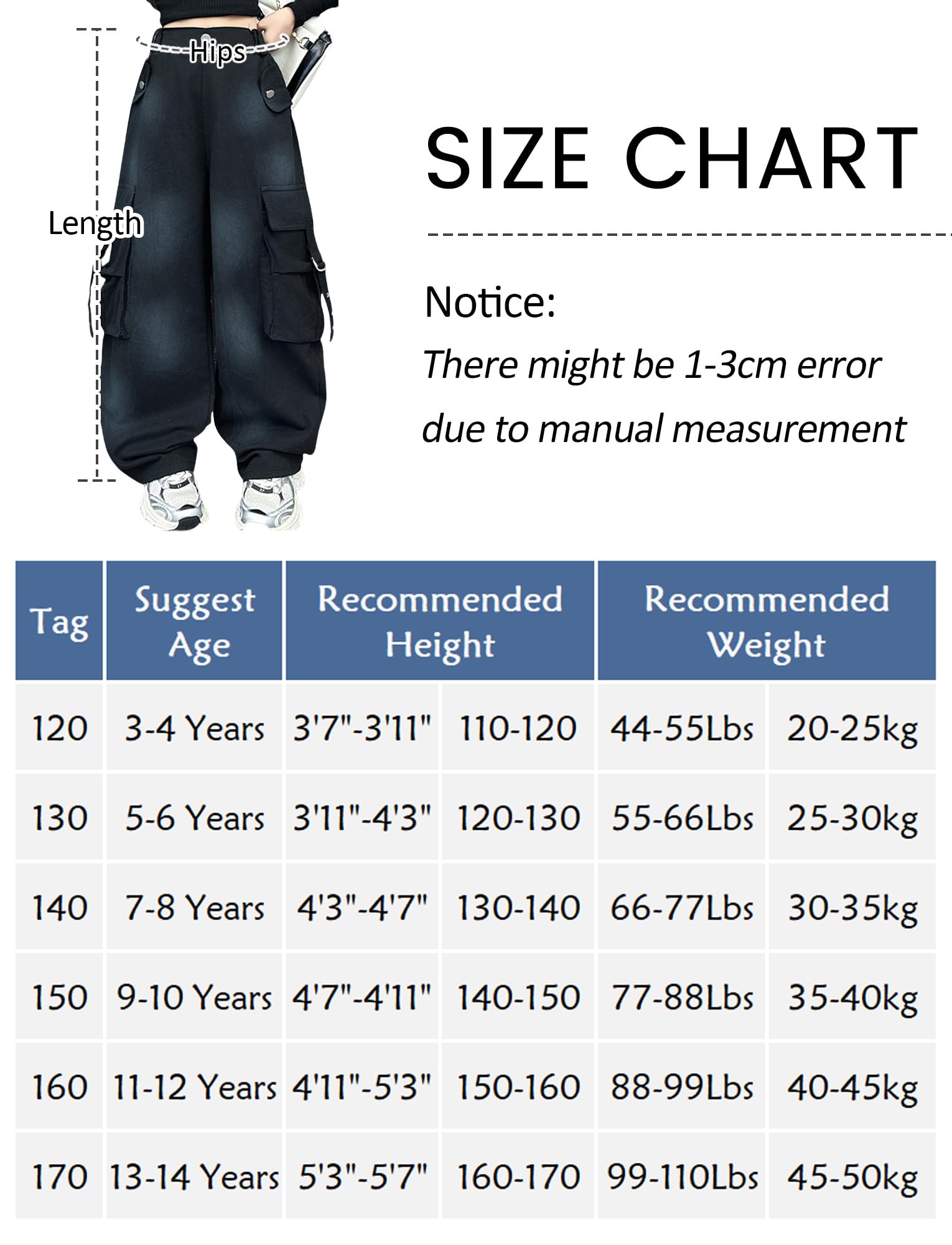 SEAUR Dziecięce dżinsy cargo Y2K Baggy Multi kieszenie, spodnie cargo, gumowy ściągacz, spodnie dżinsowe hip hop, streetwear czas wolny, vintage, 120-170 = (EU 110-164)