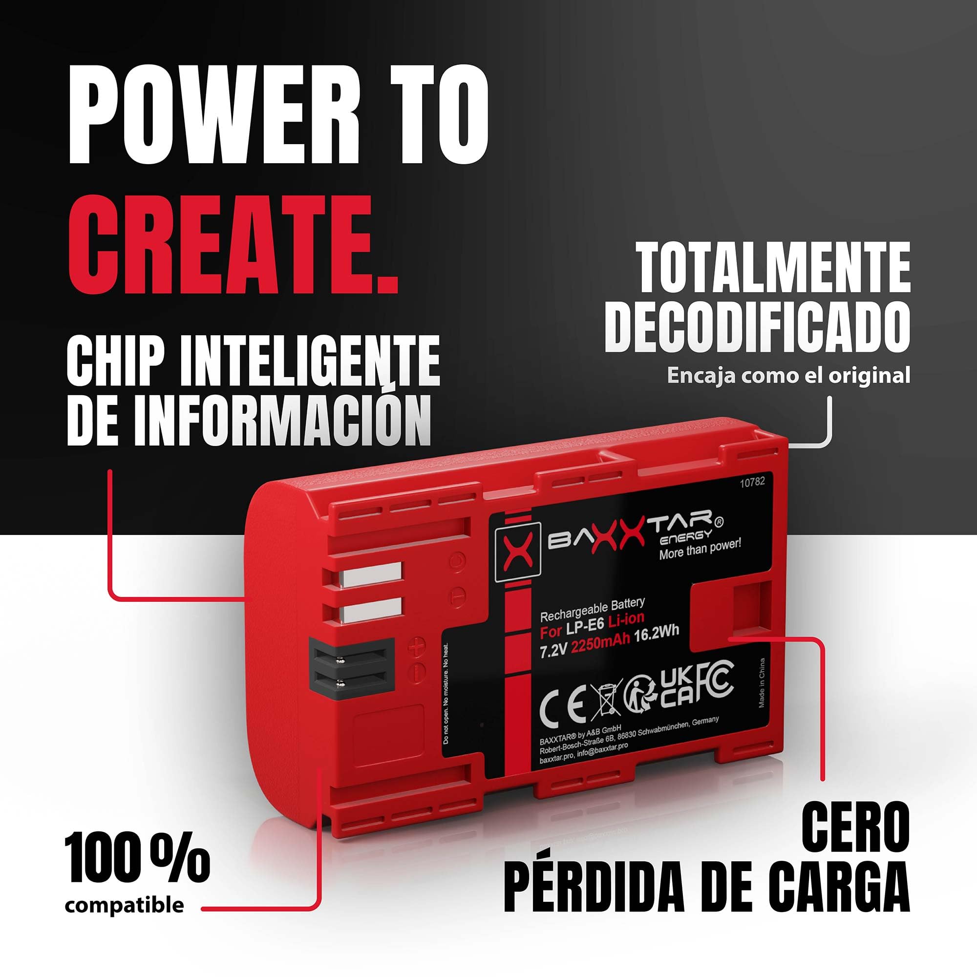 Baxxtar LP-E6 Batería 2250mAh 16,2Wh 7,2V Compatible con Canon EOS 5D Mark II III IV 5DS R R5 6D 7D 60D 60Da 70D 80D 90D XC10 XC15 5 6 7 60 70 80 90 D XC 10 15 WFT-E5 E7 LPE6 LP E6