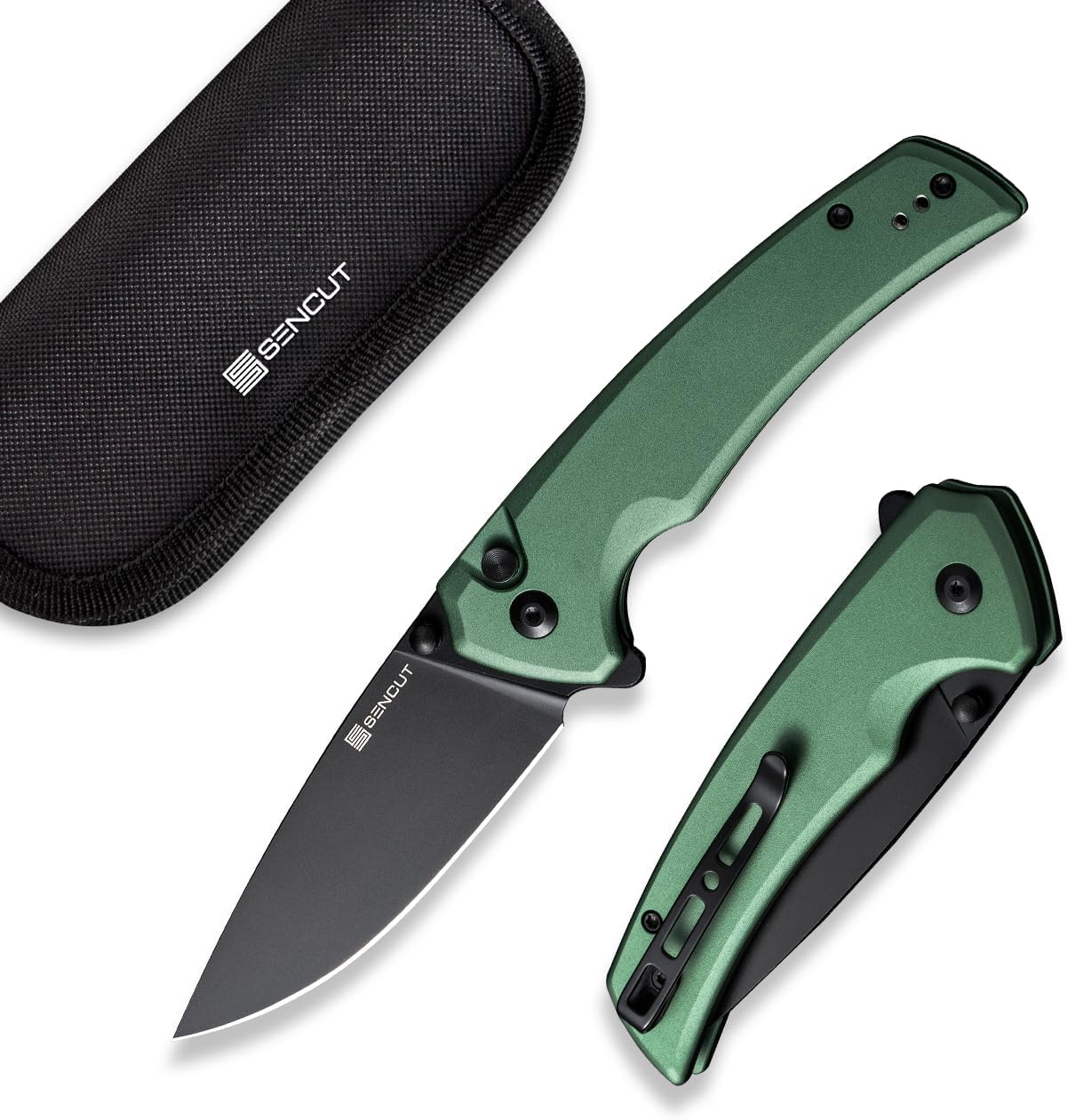 SENCUT Pocket Knife for EDC, Serene Folding Knife, Thumb Stud & Flipper Opener, Aluminum Handle with 3.48" D2 Black Blade for Outdoor, Camping, Hunting S21022B-5 (Green)