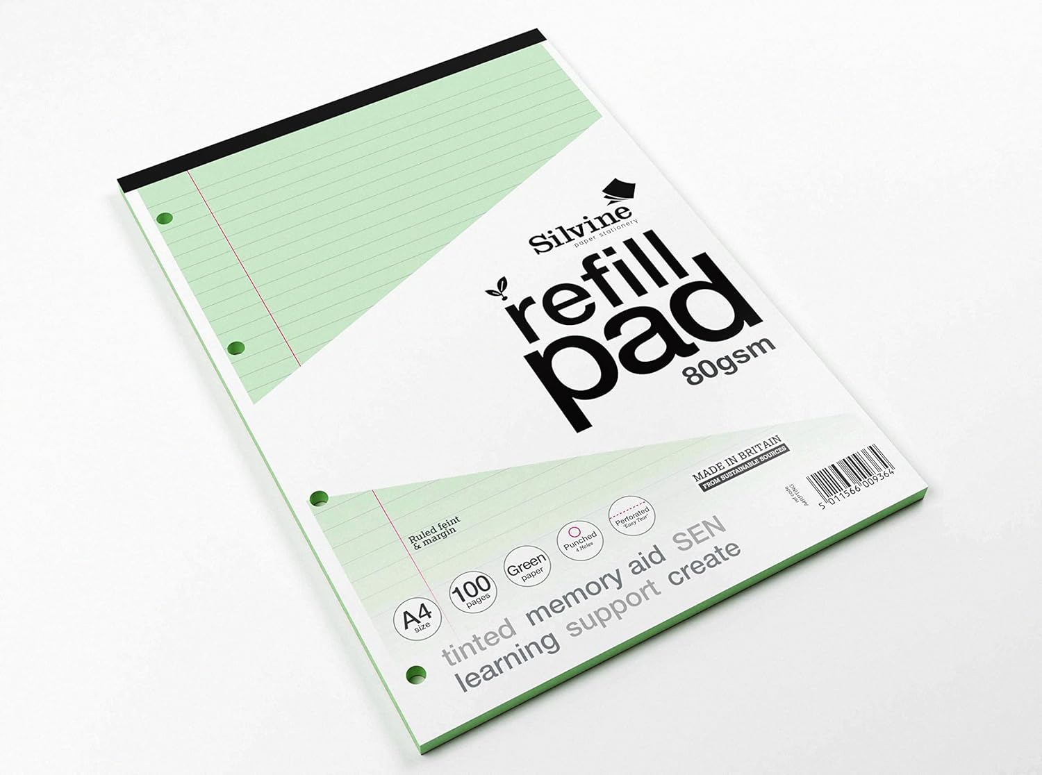 Silvine A4 Green Paper Dyslexia Refill Pad - Lined with Margin (100 Pages)