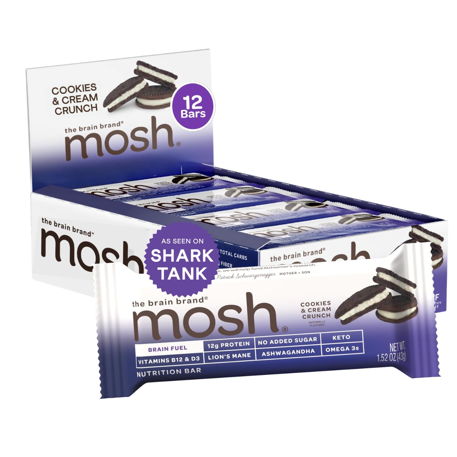 MOSH Cookies and Cream Crunch Bars – brain-boost keto snack (12 bars)