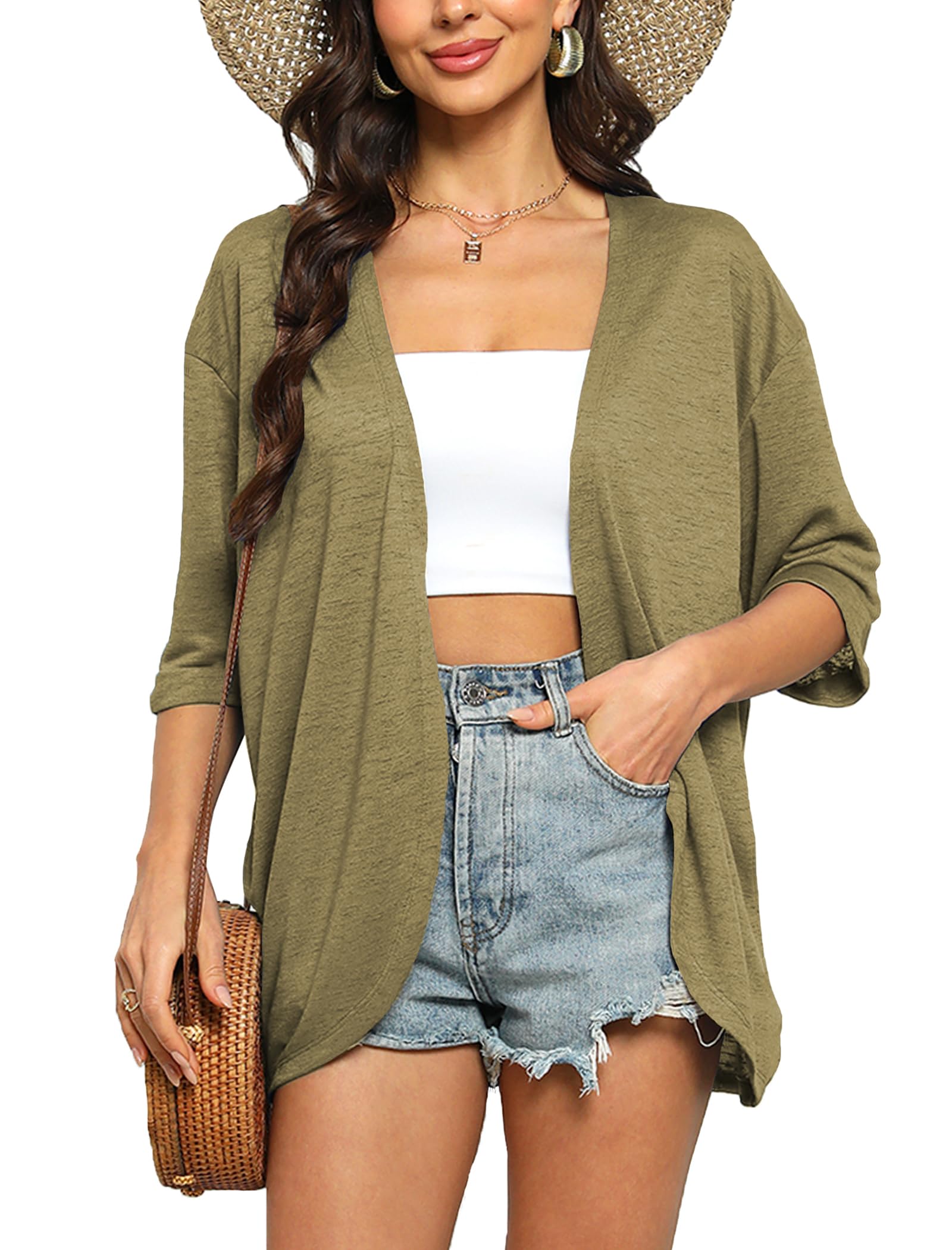 Yekaty Summer Kimono Cardigans for Women Lightweight Open Front Batwing Cardigan for Women Green S