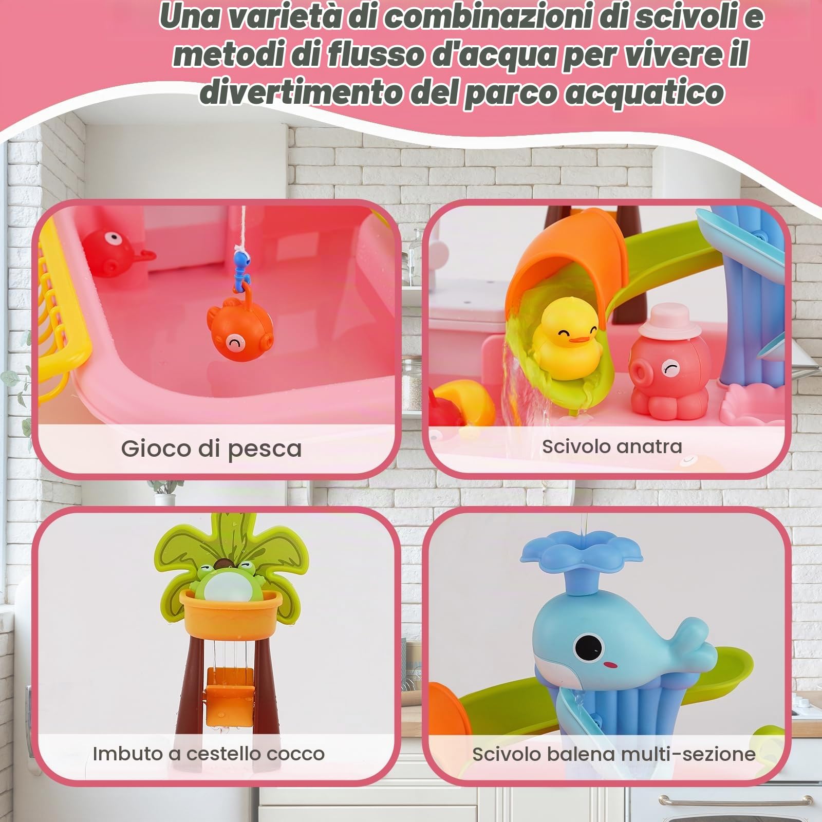Cucina Giocattolo per Bambini,Lavandino Bambini con Acqua Vera,Rubinetto Aggiornato,Gioco di Pesca e Accessori da Cucina,set cucina bambini,Giocattoli di Ruolo per Ragazzi Ragazze 3 4 5 6(Rosa)