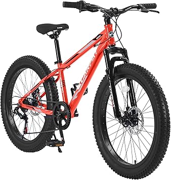 24 Inch Fat Tire Bike Adult/Youth Full Shimano 7 Speeds Mountain Bike, Dual Disc Brake, High-Carbon Steel Frame, Front Suspension, Mountain Trail Bike, Urban Commuter City Bicycle Orange