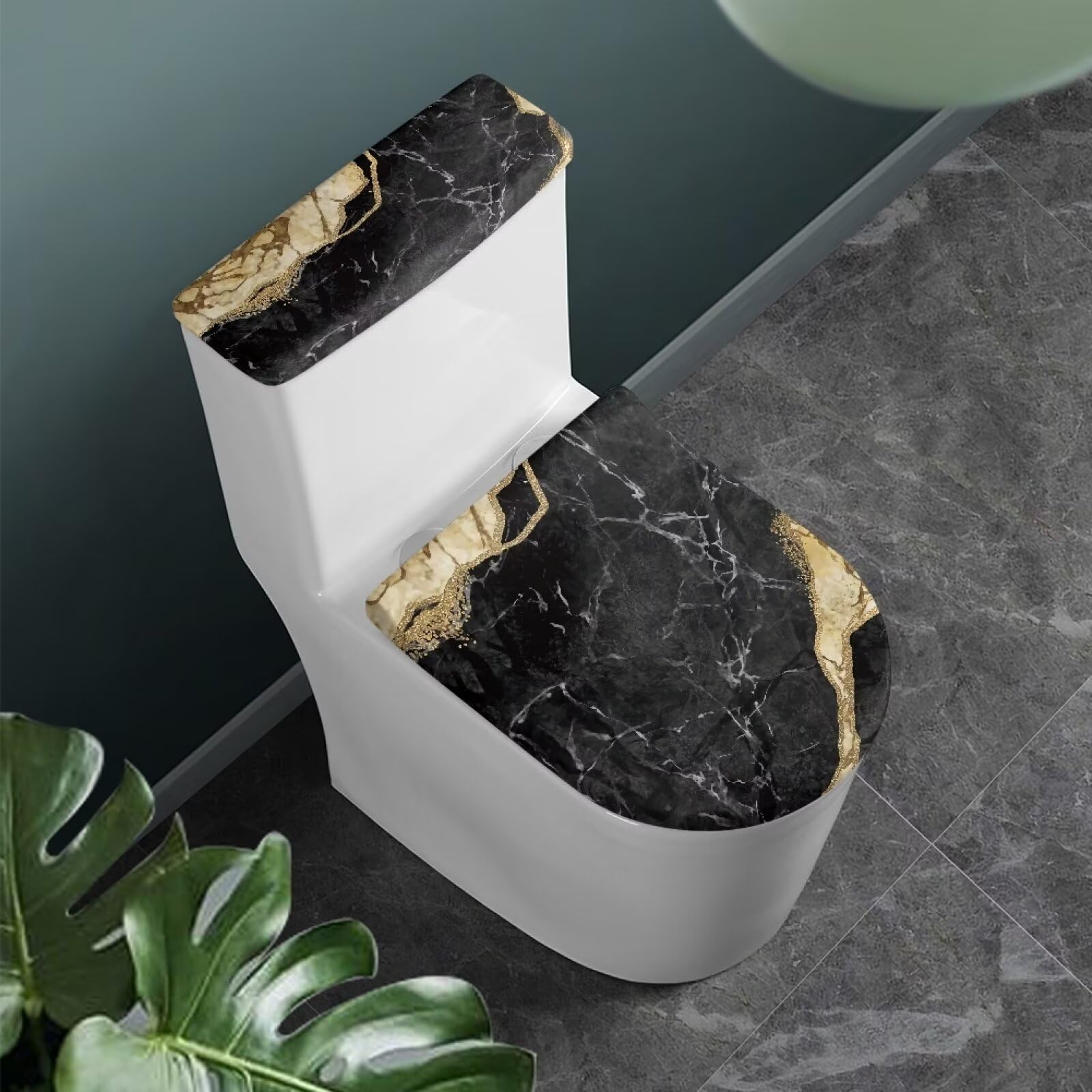 Generic Toilet Lid Cover and Toilet Tank Cover Polyester Fabric Toilet Lid Cover and Toilet Tank Cover Polyester Fabric Suitable for Public Bathrooms Long-Term Travel Boarding (Black Marble)