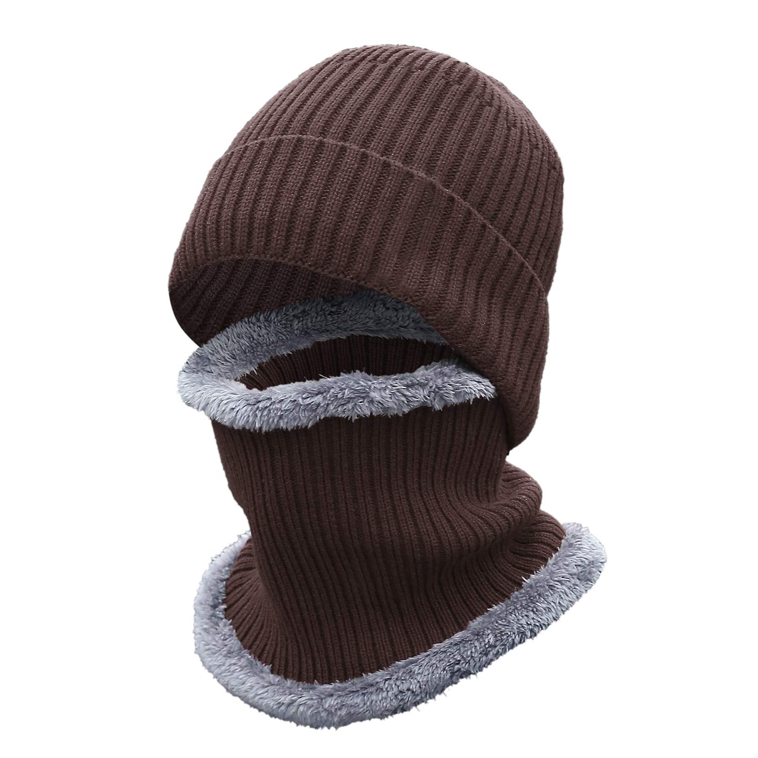 decdeal 2 PCS Hat Scarf Set Thermal Windproof Ribbed Knitted Beanie Neck Warmer Set for Men Women-picture-11