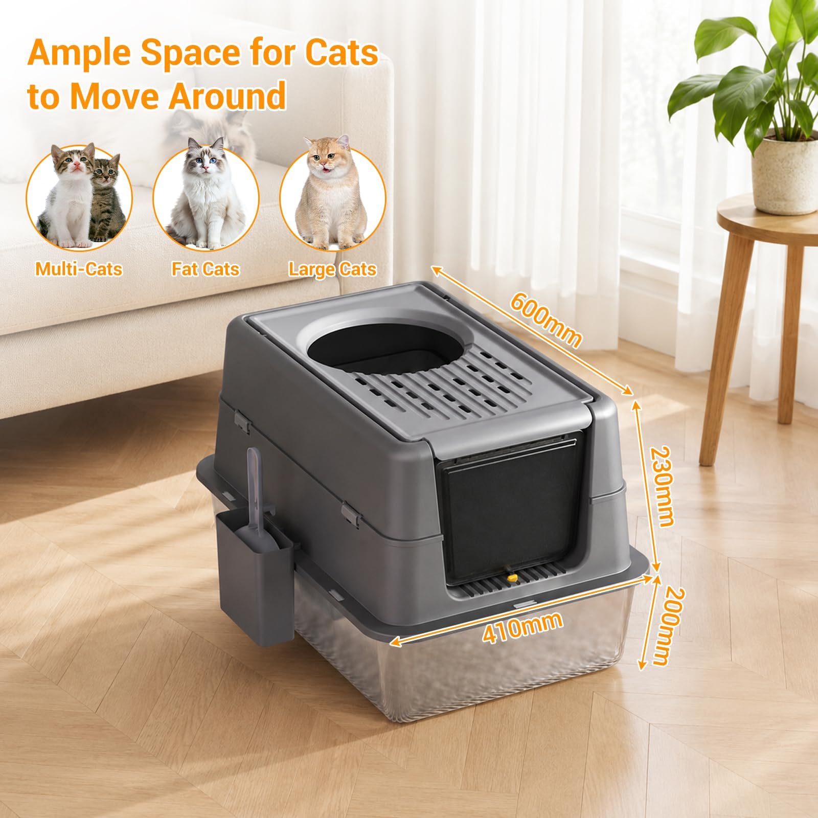 GarveeLife XL Edelstahl-Katzentoilette mit Haube – Schublade & Klapptür – hohe, auslaufsichere Wanne – geruchsarm, leicht zu reinigen, inkl. Schaufel – Schwarz – 60×40×43,5 cm (20 cm Wanne)