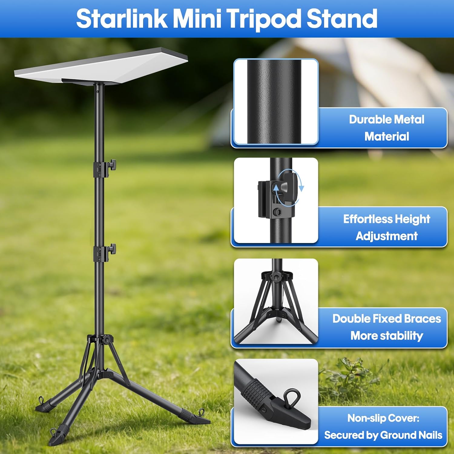 Starlink Mini Tripod, Height Adjustable Starlink Mini Stand with Adapter, Windproof & Portable Starlink Tripod Mount with Ground Nail, Starlink Stand for Outdoor Travel Hiking