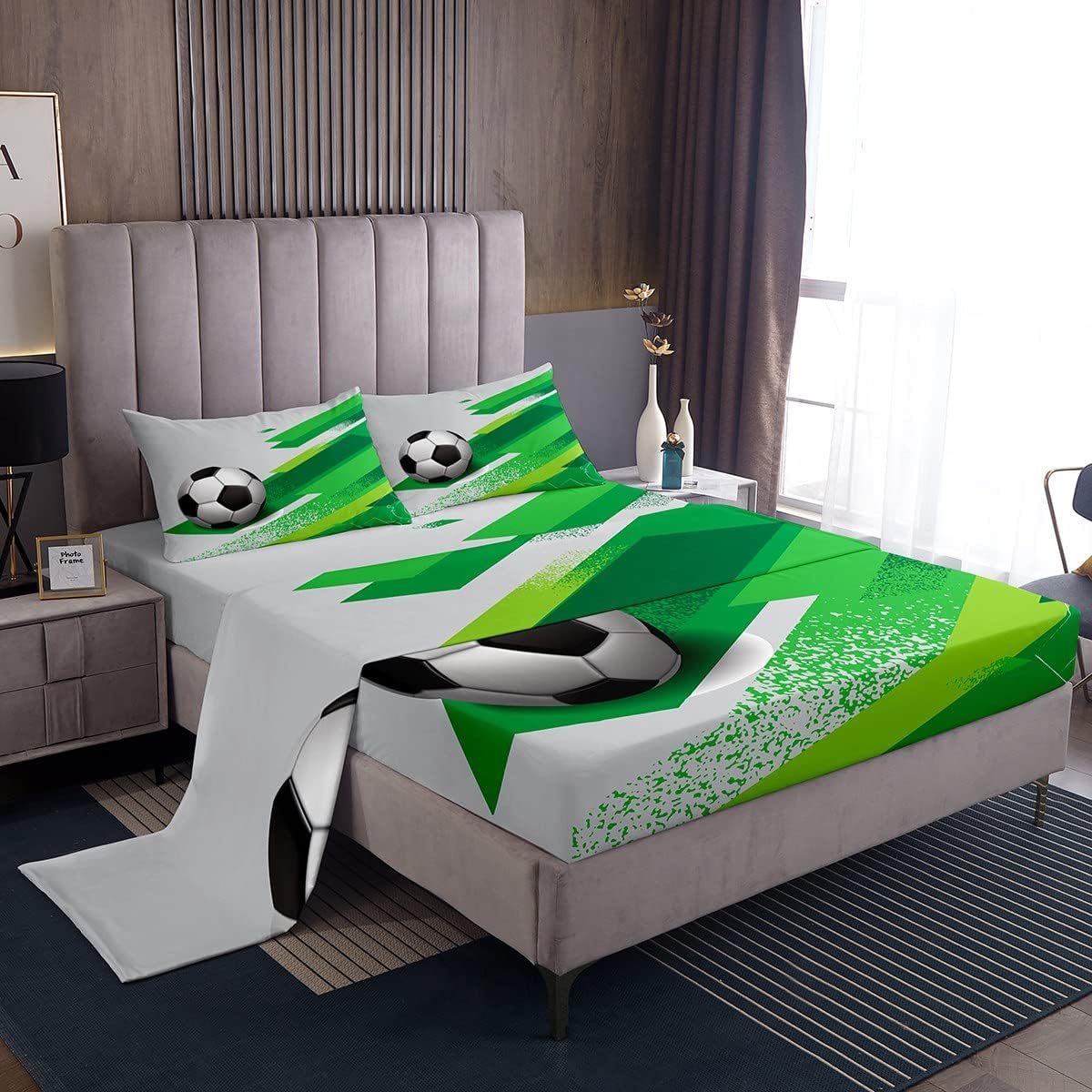Feelyou Football Bed Sheet Set Sports Theme Bedding Soccer Ball Game Fitted Sheet Grey Green Flat Sheet for Kids Boys Girls Microfiber Queen