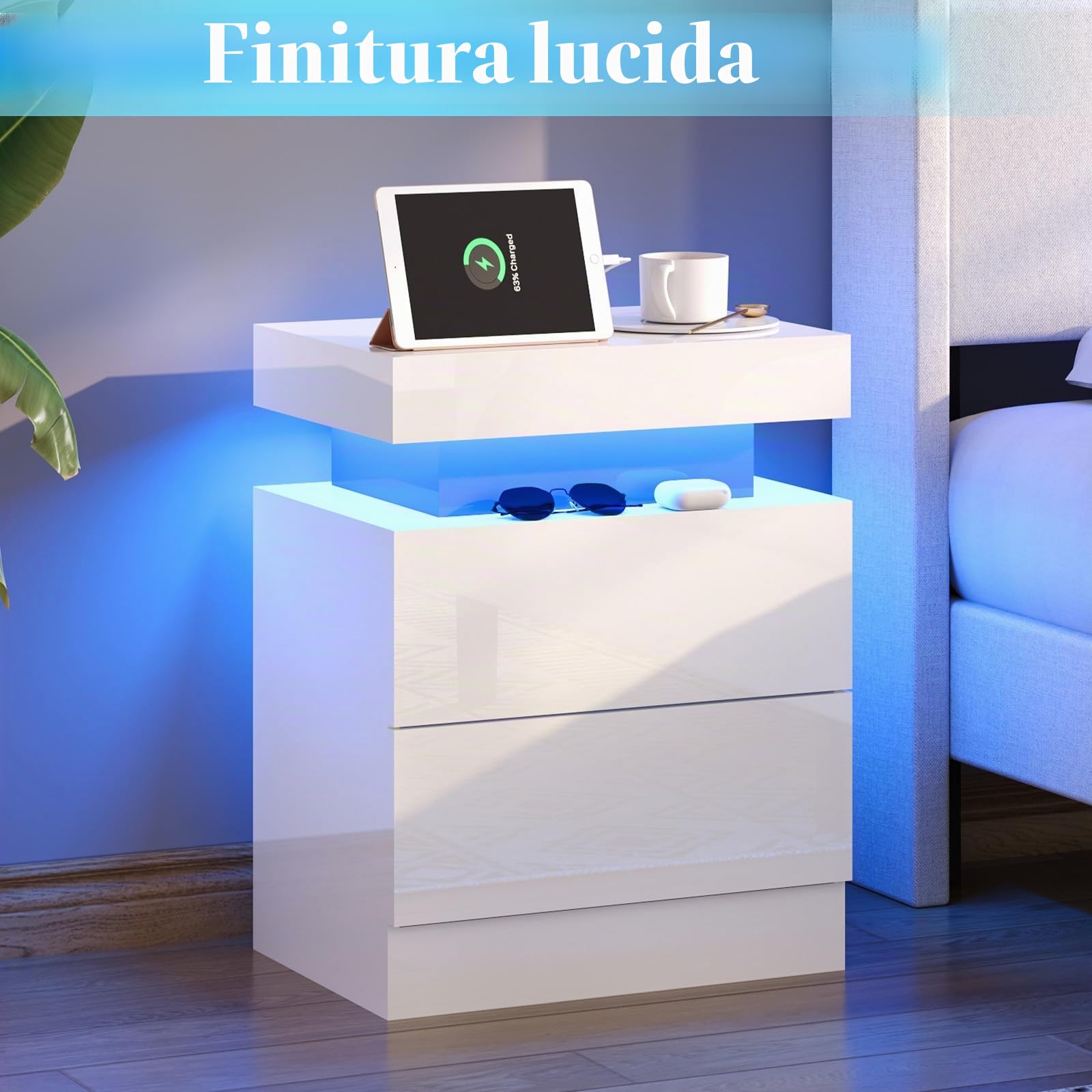 LUXOAK - Set di 2 comodini brillanti con LED e stazione di ricarica - Comodino moderno con 2 cassetti - Tavolino bianco per camera da letto e soggiorno - 58 x 40 x 35 cm
