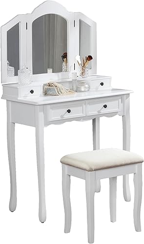 Miniatura 6 de Roundhill Furniture, Sanlo - Juego de tocador y banco de madera, blanco Blanco,Plateado,Oro Rosa,Rosado,https://www.amazon.com/dp/undefined