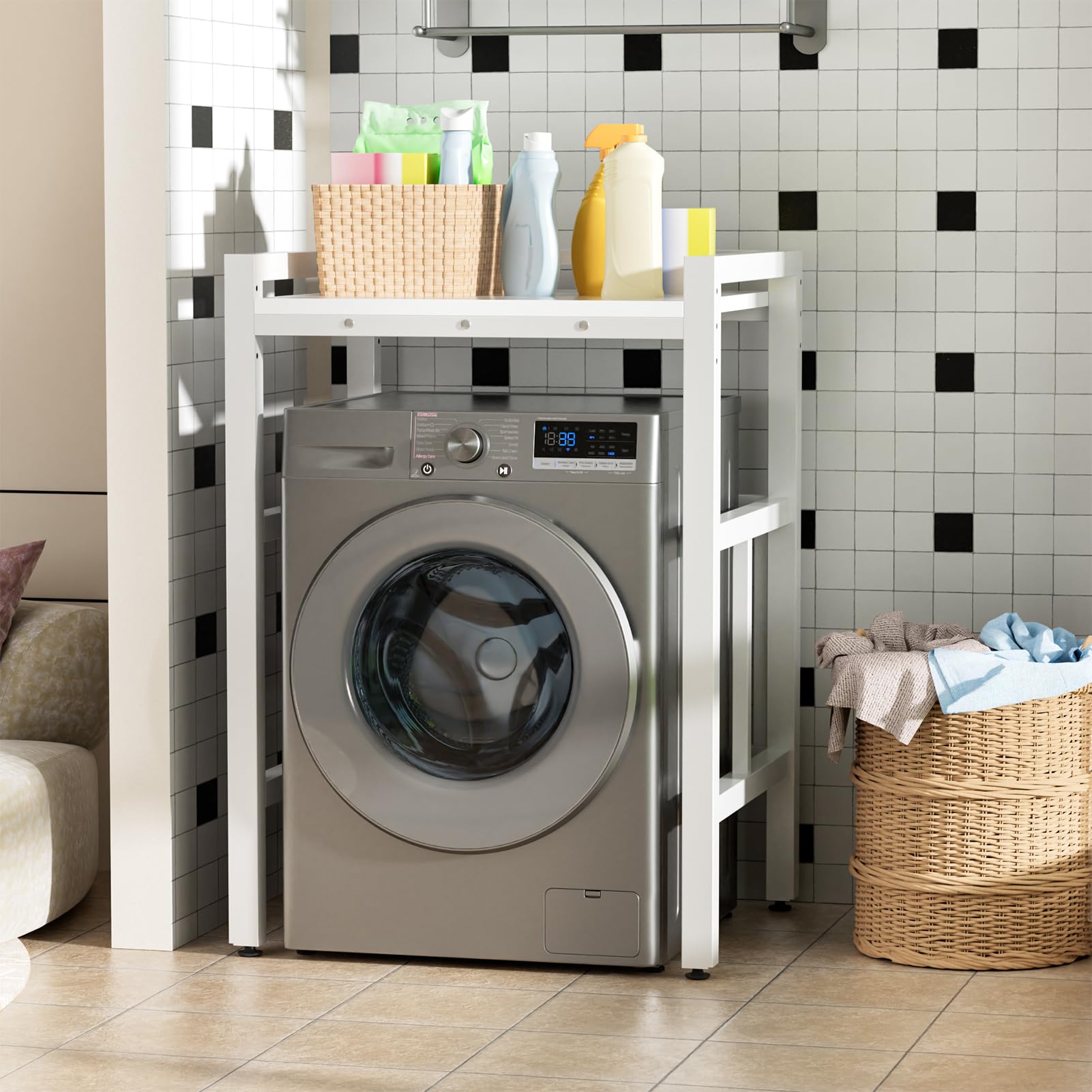 Washer Dryer Stacking Rack, Heavy Duty Over Washing Machine Shelves 3 Height Adjustable, 300KG Capacity, Washer Dryer Stacking Kit for Laundry, Bathroom, Kitchen (White 2)