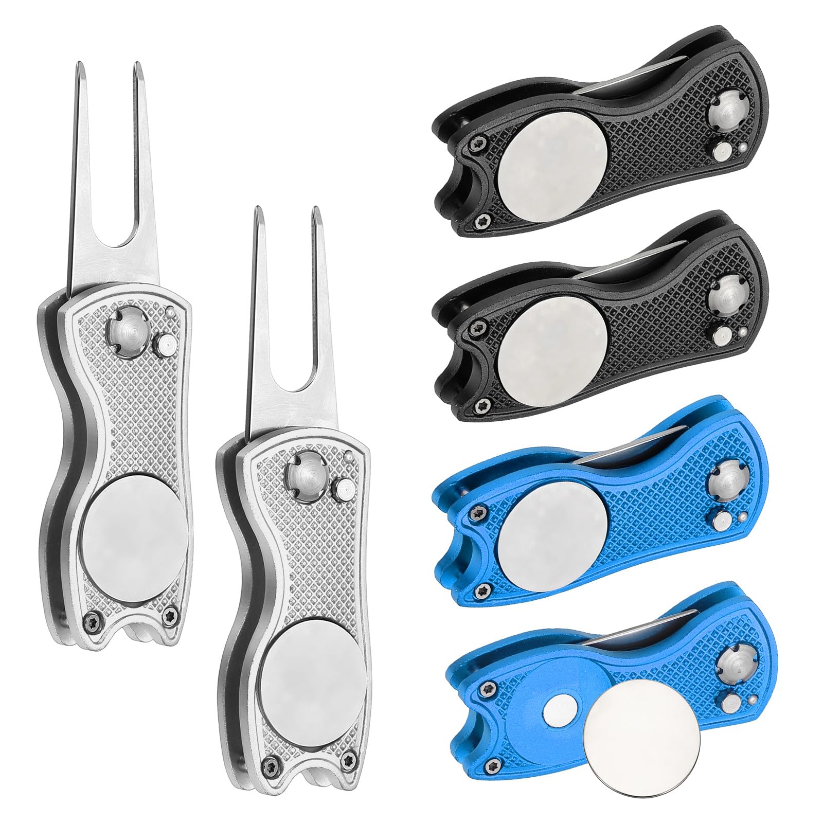 PATIKIL Golf Divot Repair Tool, 6 Pack Foldable Metal Golf Green Divot Tool with Magnetic Ball Marker & Stainless Steel Fork for Golfer, Blue/Silver/Black