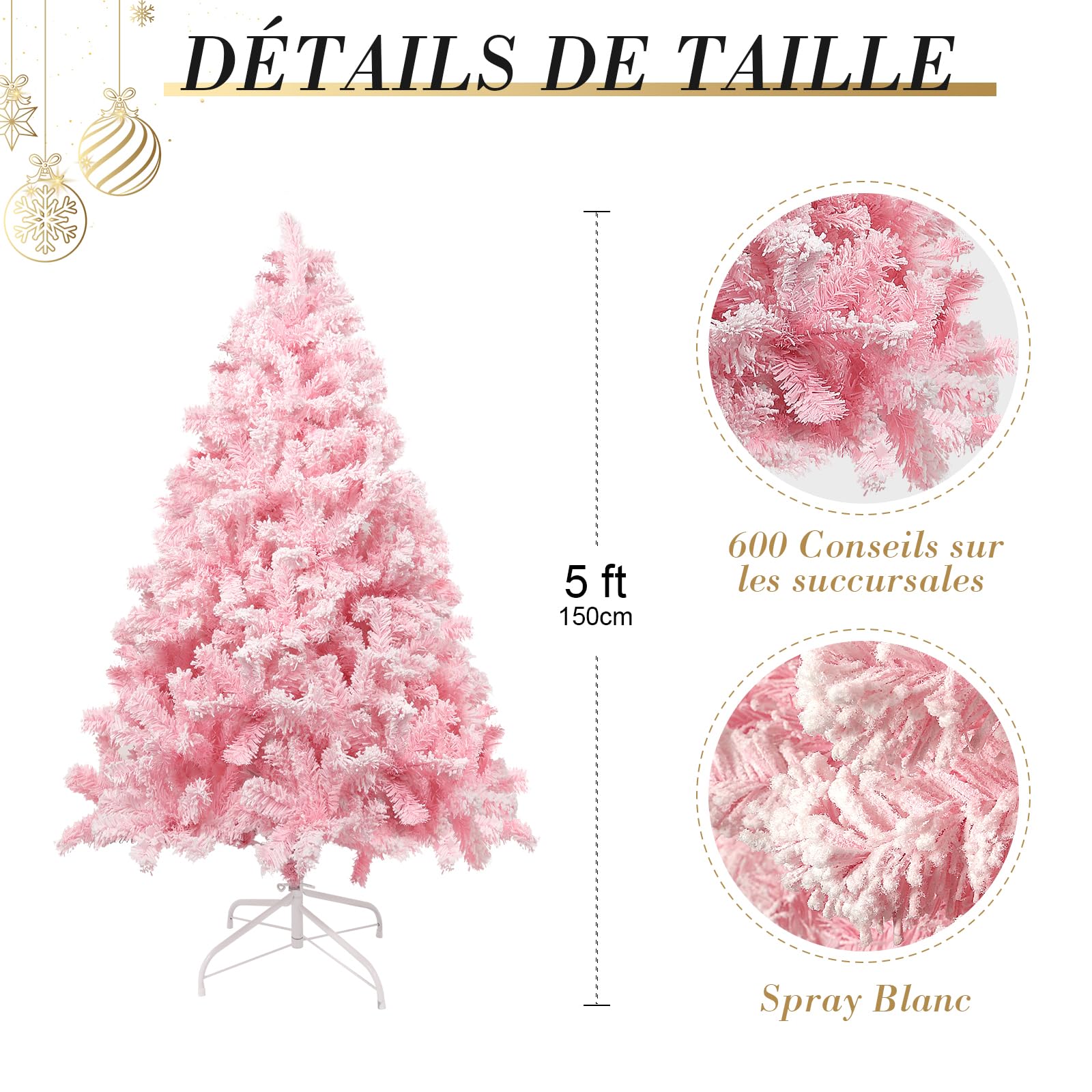 Sapin de Noel Artificiel 150 cm Rose avec Décoration Floquée Dodue avec Flocons de Neige, 600 Feuilles de Pin Pointues en PVC et Base Stable, Sapin de Noël pour Décorations de Noël