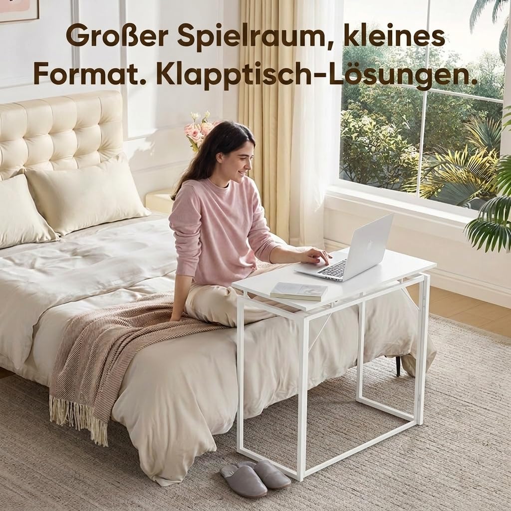 MUSSO F5 Klappschreibtisch, 80 x 40 cm, Montagefrei, Weiß | 80 x 40 cm Platte, klappbar, montagefrei, Homeoffice, Studium und Basteln