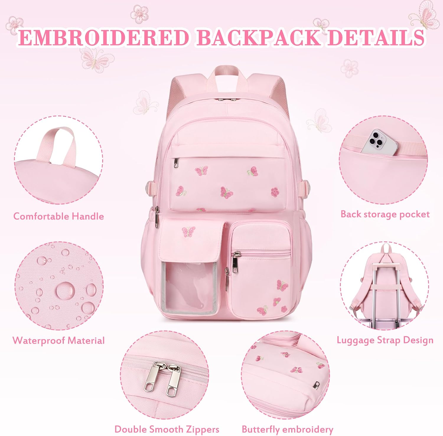 ACESAK 3PCS Embroidered Girls Backpack with Lunch Bag Set,Pink Batterfly image 4