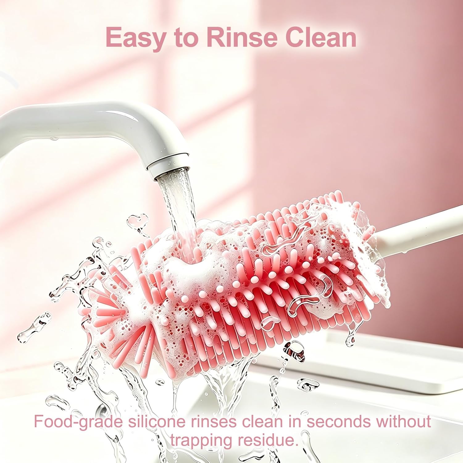 Bottle Brush Set 3-in-1, Including Long Handle Silicone Bottle Brush, Detail Cleaner, Straw Brush, Non Scratch Cleaning Brushes for Water Bottles, Tumblers and Glass (Pink)