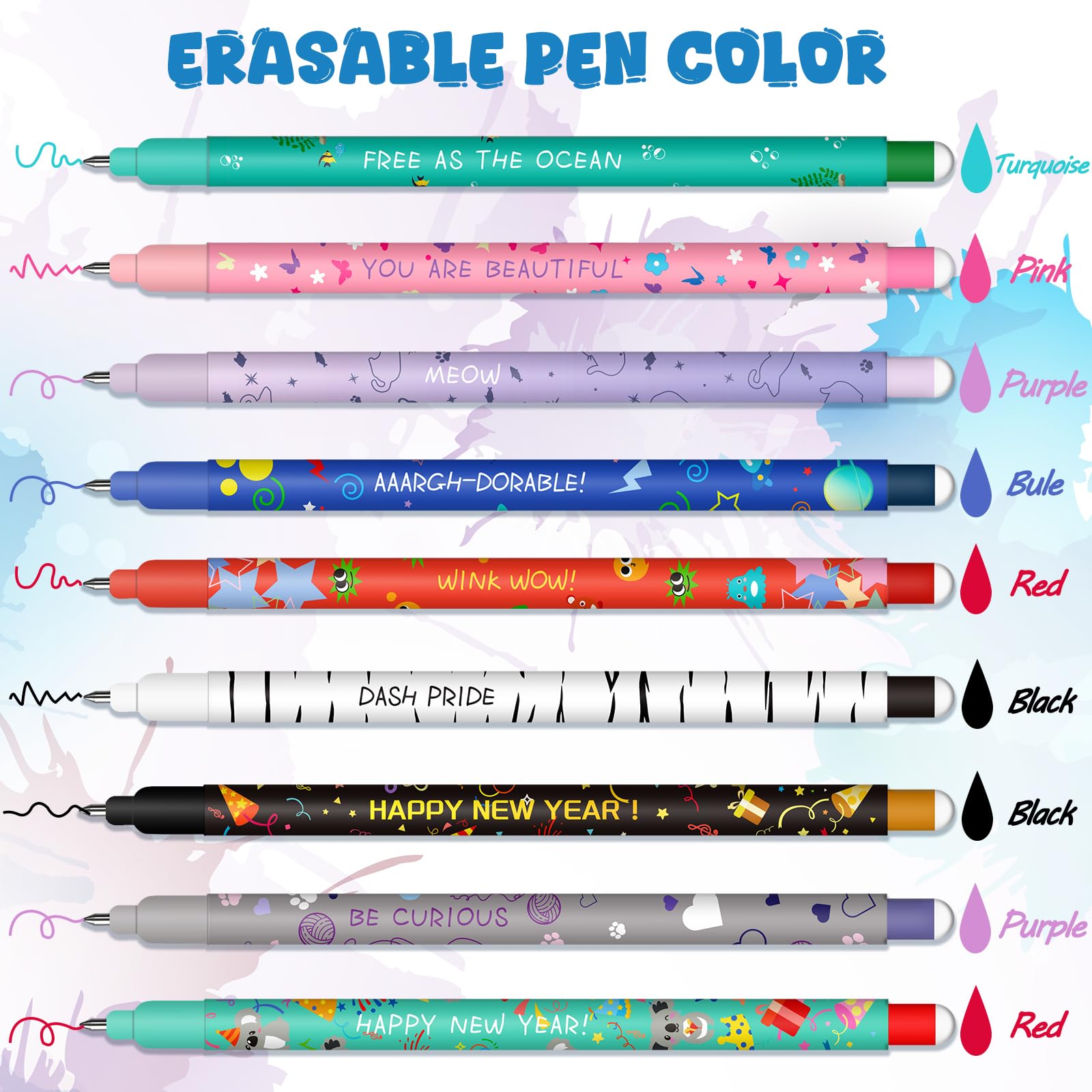 Set of erasable gel pens - Bolígrafo de gel borrable, ball on the end to remove temperature sensitive, tip diameter 0.7 mm (18 bolígrafos borrables navideños)