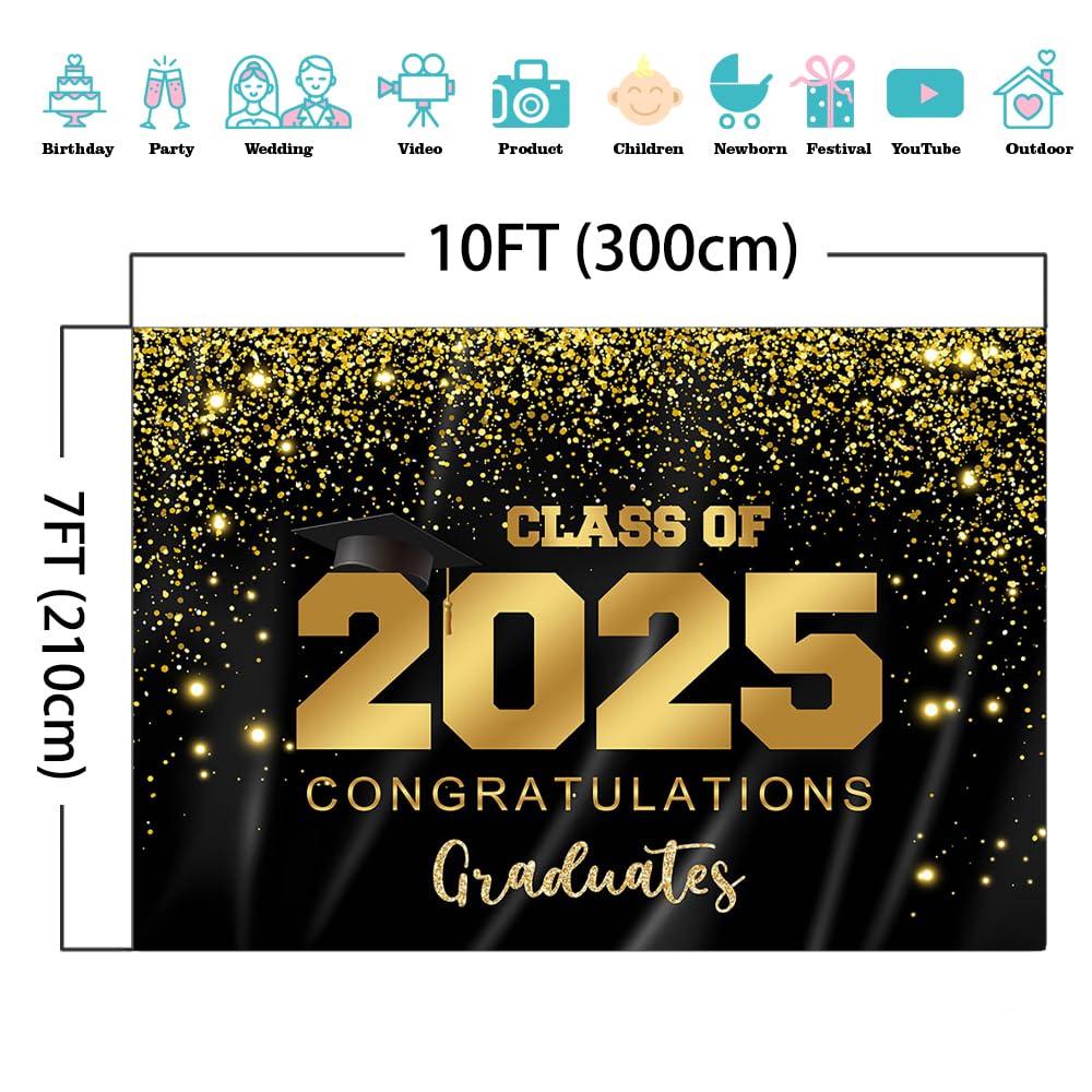 Class Of 2025 Graduation Backdrop - Black & Gold Glitter Photo Booth Background 10x7ft