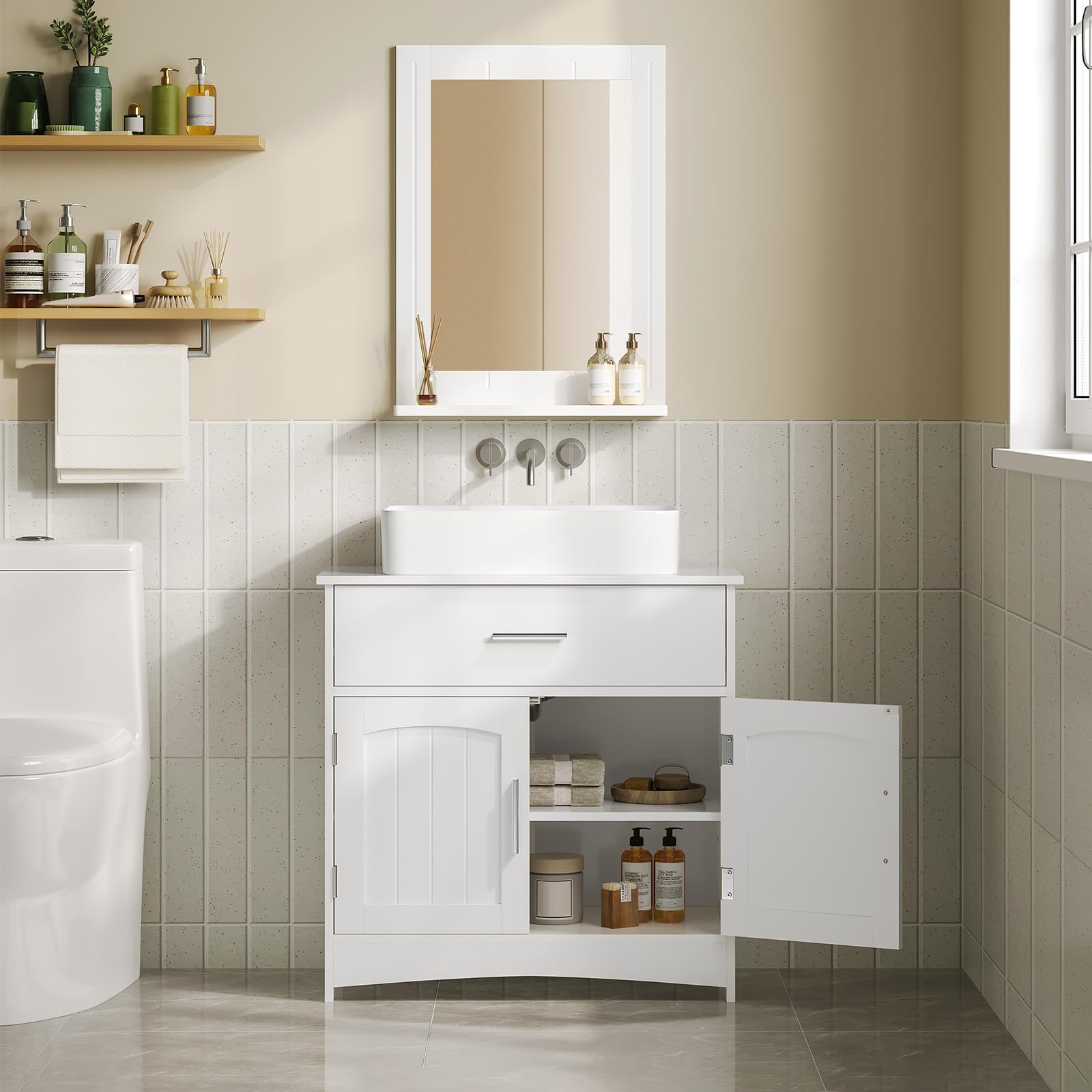 EUGAD Waschbeckenunterschrank, Badezimmerschrank mit Schubladen, 2 Fächer hinter Tür, verstellbare Ablage, Badezimmer Unterschrank, Waschtischunterschrank weiß, 60x60x30 cm