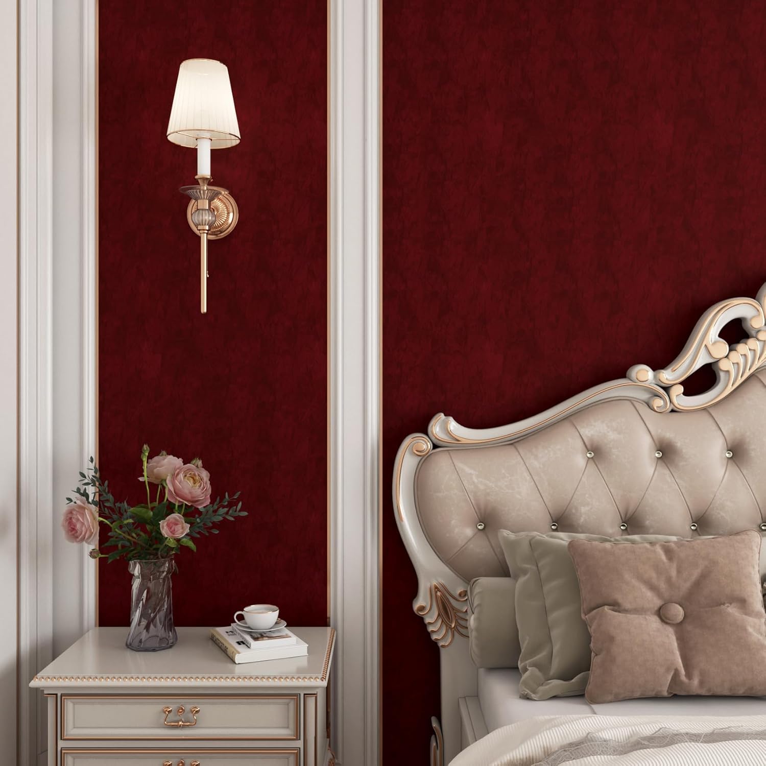 YENHOME Red Burgundy Velvet Peel and Stick Wallpaper Vintage Red Wallpaper for Bedroom Walls 17.7"x118" Felt Fabric Textured Wall Paper Velvet Contact Paper Self Adhesive Velvet Flocking