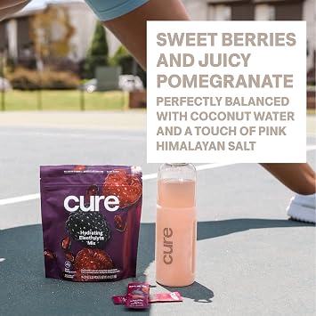 Cure Hydration | Plant-Based Electrolyte Drink Mix | No Added Sugar | FSA-HSA | Dehydration Relief Powder Made with Coconut Water | Non-GMO | Vegan | Pouch of 14 Packets - Berry Pomegranate