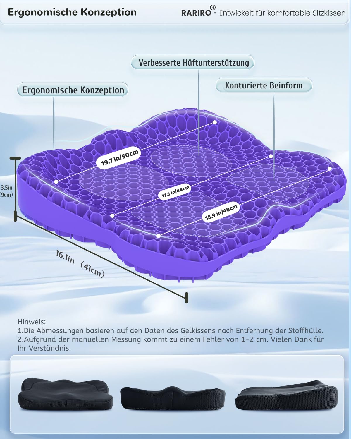 Coussin Gel Ergonomique, Respirant, Répartit Pression,Violet,50cm