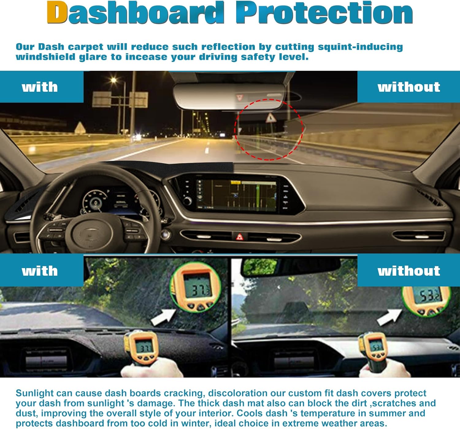 x xotic tech Center Console Dashboard Mat Pre-Cut Non-Slip Sunshield Sun Glare Protector Dash Carpet Pad Black Cover Compatible with Hyundai Sonata 2020-2023(Without Hud)
