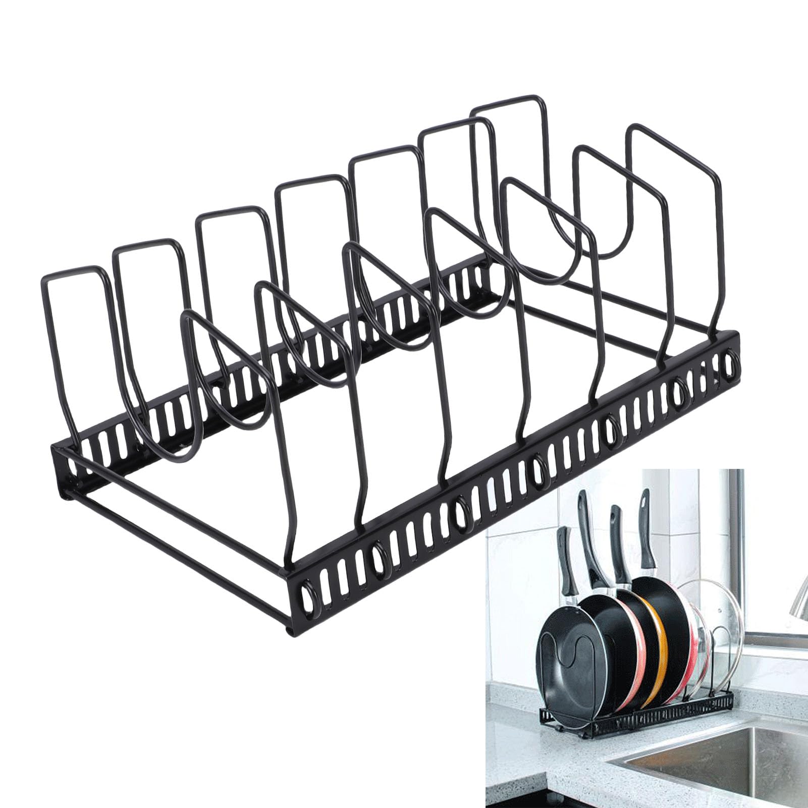 Wakects Organizzatore per Pentole, Portaoggetti Regolabile in Metallo per Pentole e Padelle con 7 Divisori, Soluzione Salvaspazio per per 11,4 X 7,5 X 5,1 Pollici (BLACK)
