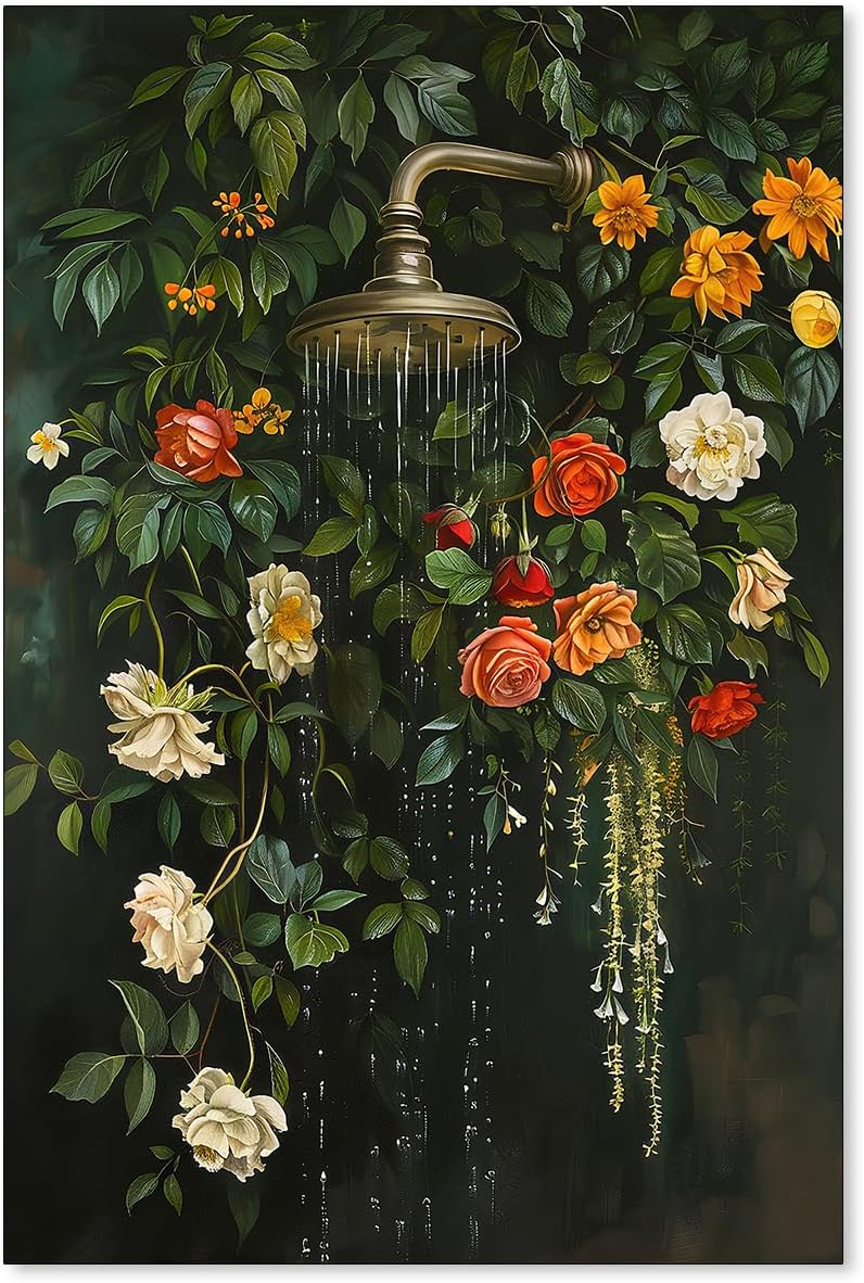 FuSatisYilife Dark Green Floral Bathroom Wall Art Vintage Flower Botanical Poster Moody Wildflowers Plant Canvas Prints Bath Shower Wall Decor for Rustic Restroom 24x36 inch Unframed