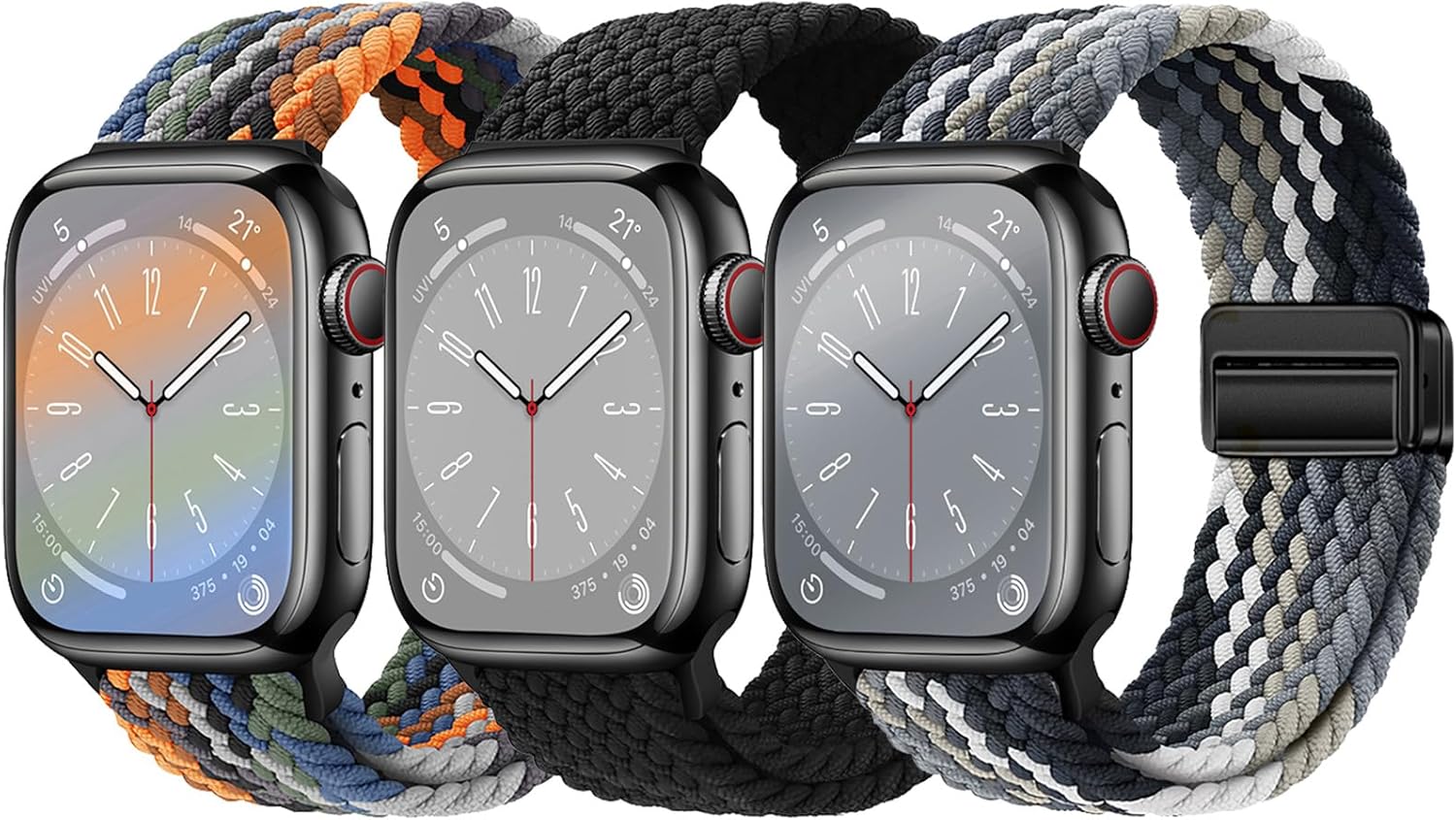 Product image of 3 Pack Braided Sport Loop Band Compatible with Apple Watch Bands Ultra 3&2 1 49mm 46mm 45mm 44mm 42mm 41mm 40mm 38mm Men Women; Stretchy Nylon Solo Loop Strap for iWatch Series 11 10 9 8 7 6 SE 5 4 3