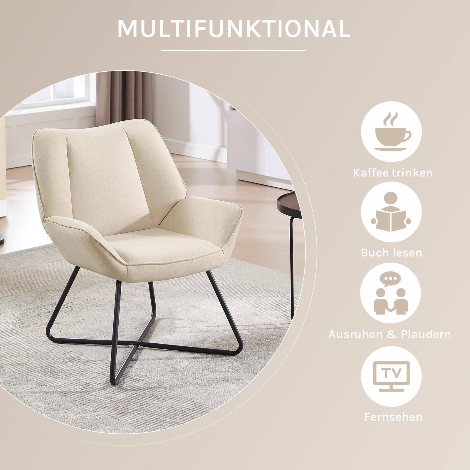 WOLTU Sessel Wohnzimmer, Relaxsessel mit Armlehnen, Beige | Loungesessel mit Metallrahmen, gepolstert, aus Leinen, modern, bequem, bis 150 kg, 71 x 85 x 70 cm (B x H x T)