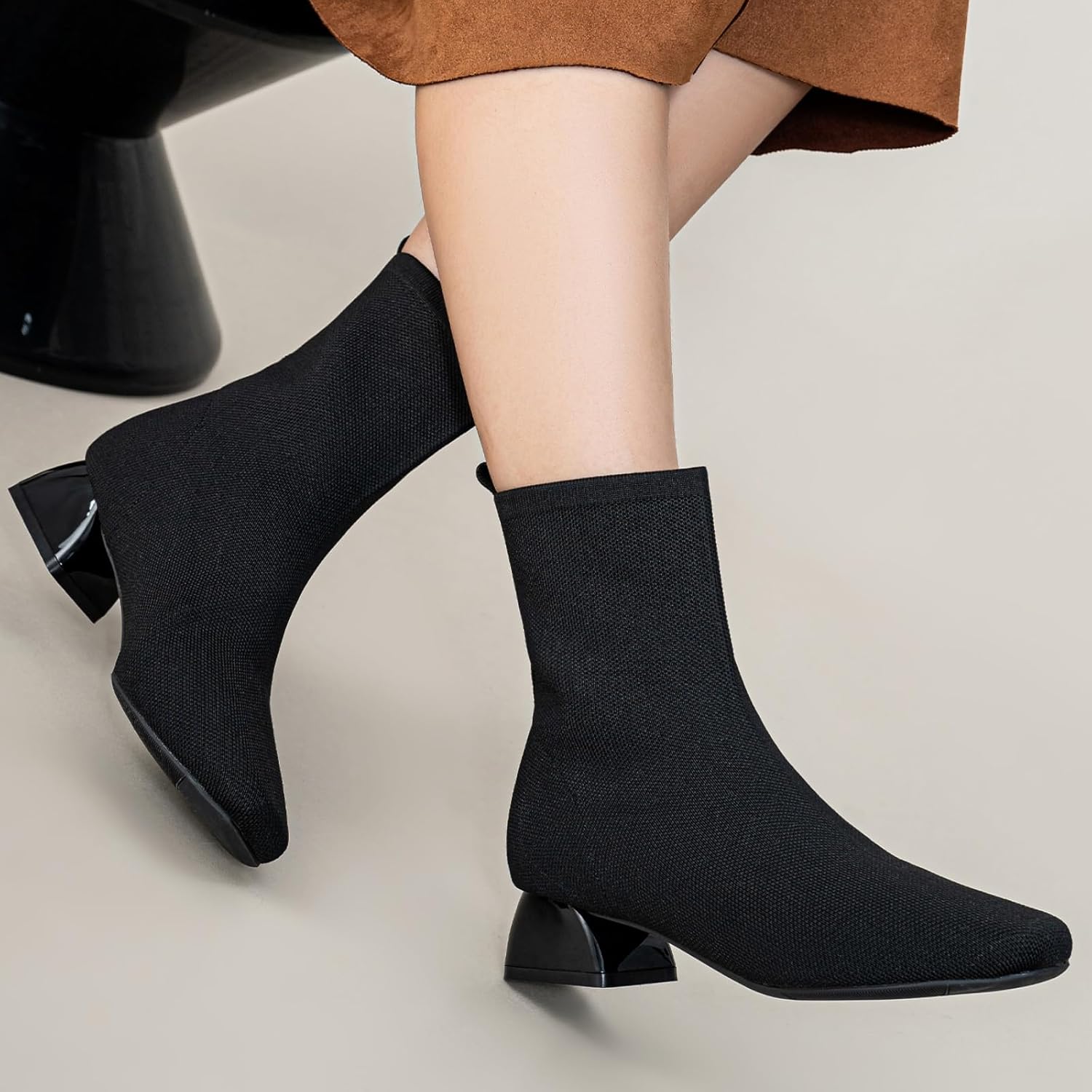 Buyrew Ankle Boots for Women Low Heel Booties Square Toe Sock Knit Chunky Winter Slip On Shoes - Image 3