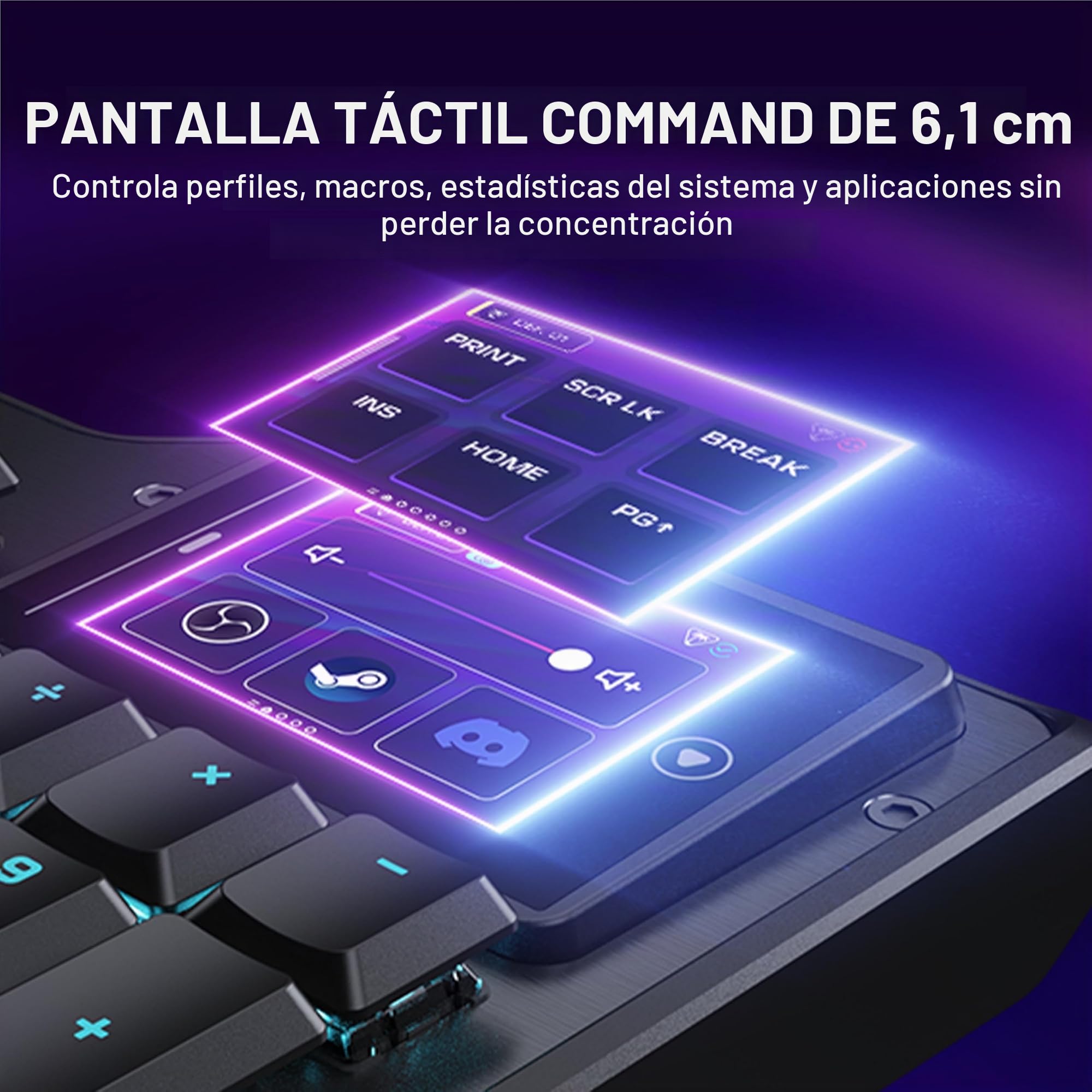 Turtle Beach Command Series KB5 Teclado mecánico para juegos de tamaño completo con pantalla táctil de 2.4 pulgadas, interruptores Titan de perfil bajo, sondeo 8K, iluminación RGB, teclas PBT de doble