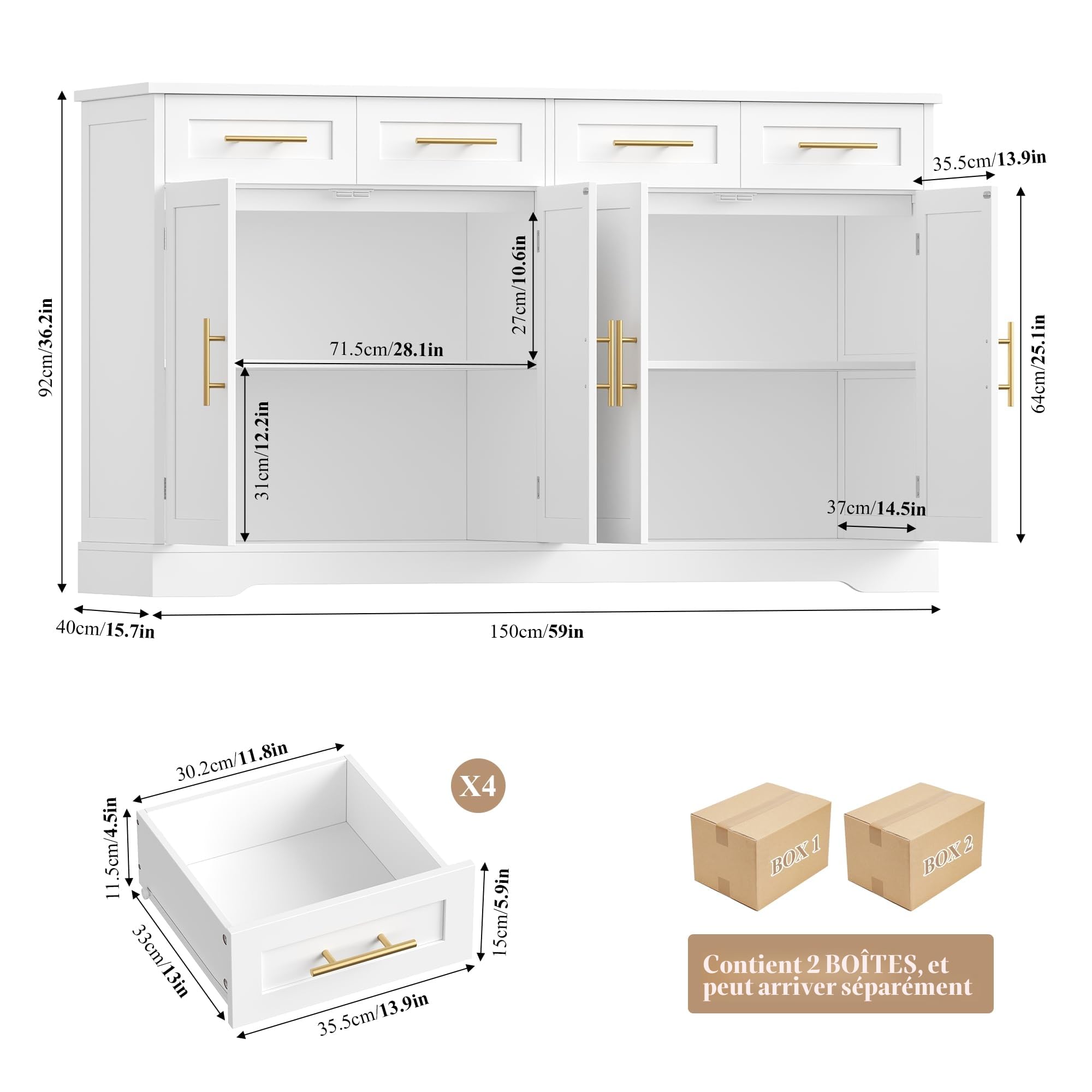 HOCSOK Buffet Cuisine, 150 cm Meuble Cuisine avec 4 Tiroirs 4 Portes, Blanc | Buffet Salle a Manger avec Poignées Dorées, Meuble de Rangement pour Salon, Cuisine, Couloir, 150×40×92 cm