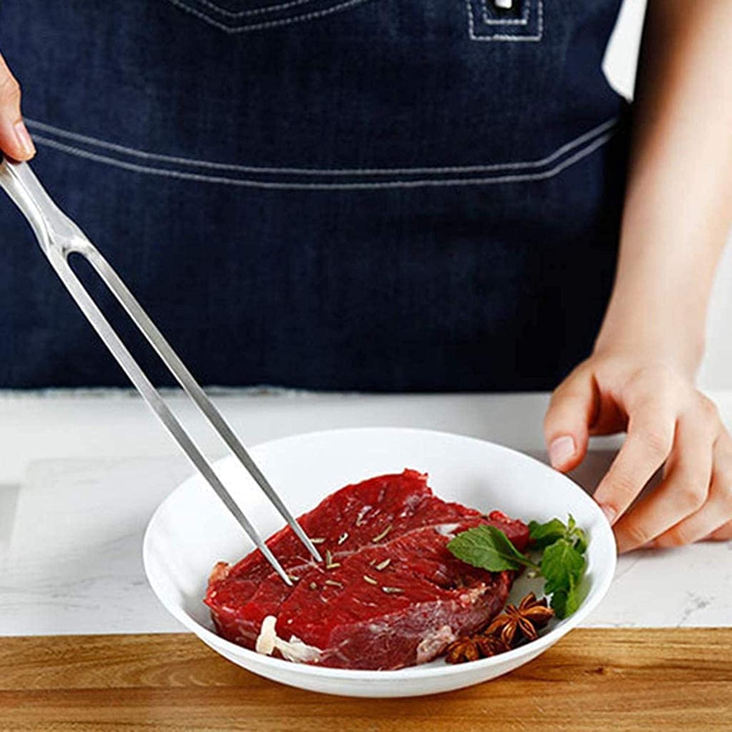 LATRAT Tenedor de Carne de Acero Inoxidable con Mango de Madera, Tenedor para trinchar, con Dos Dientes, Herramienta, para Carne de Cerdo, Pavo y Carne de Vacuno.