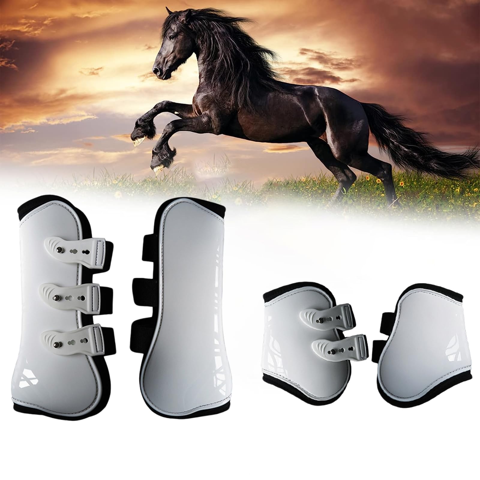 UrCreat Protectores Caballo Doma, Protector de Pierna de Caballo Elástico Estable con Soporte de Carcasa de PU Ligero Fijo para Montar a Caballo (Large,Blanco)