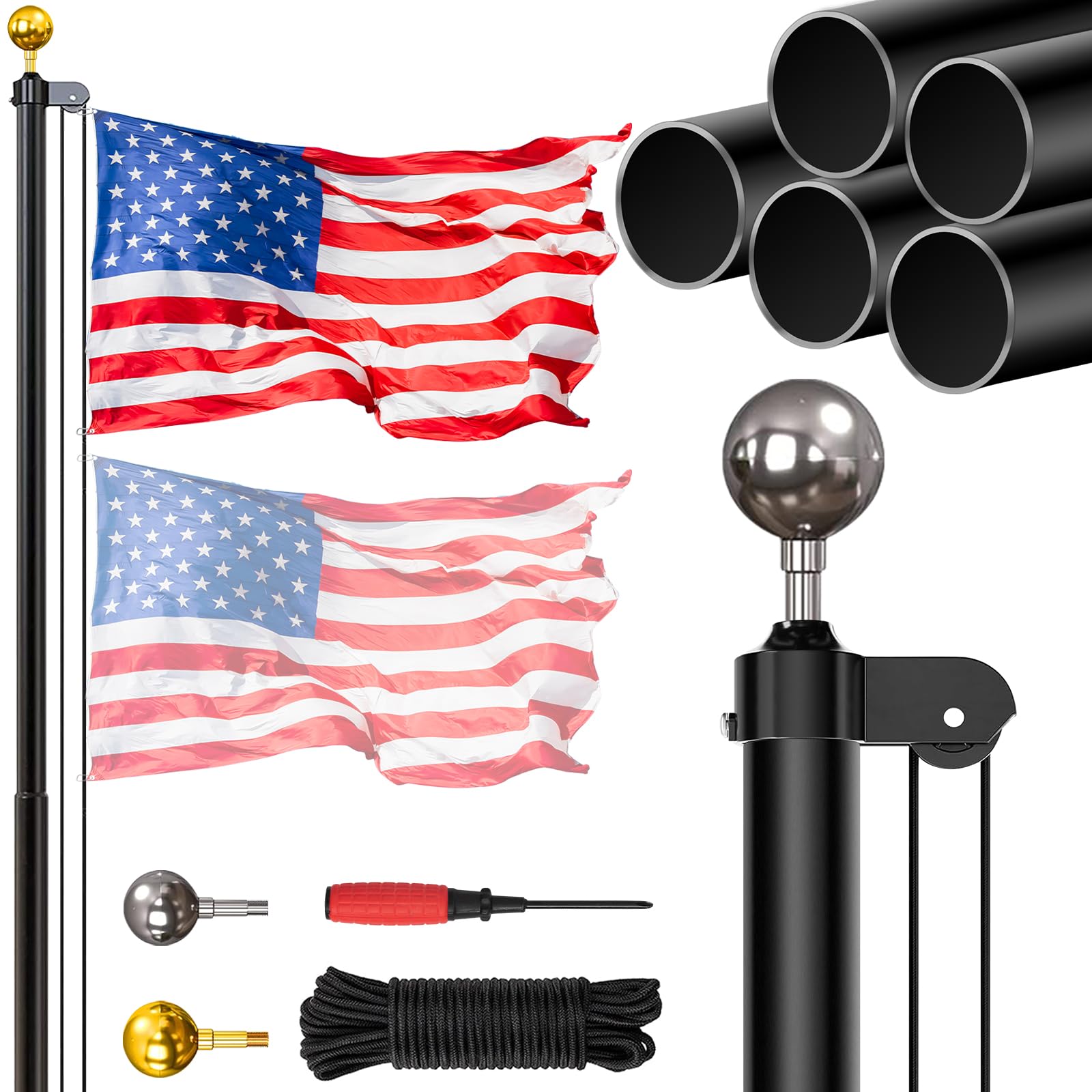 Flag Pole for Outside in Ground, 16FT Sectional Extra Thick Flagpole Kit, Heavy Duty Aluminum Outdoor Flag Poles with 3x5 American Flag for Yard, Garden, Residential or Commercial