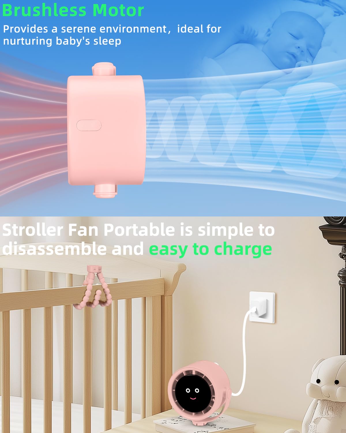 Akejrym Ventilatore per passeggino portatile, ventilatore personale da viaggio, Air Turbo Tech e display digitale, rimovibile a 5 velocità, ricaricabile, rotazione a 360°, treppiede flessibile, per