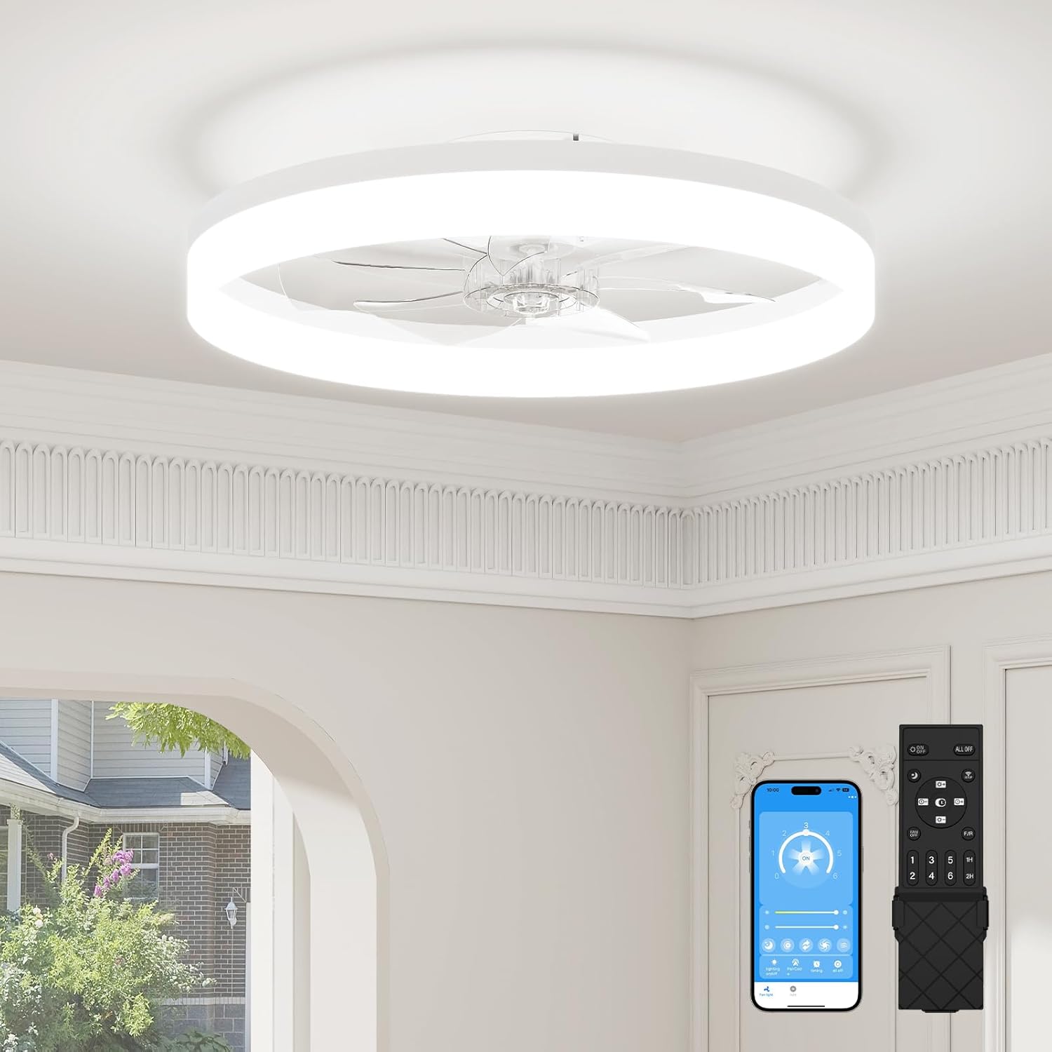 VOLISUN Low Profile Ceiling Fans with Lights and Remote, 23.6in Flush Mount Ceiling Fans with Light, 3000K-6500K Dimmable Bladeless Fandelier Fan Light(White) White 23.6 inch