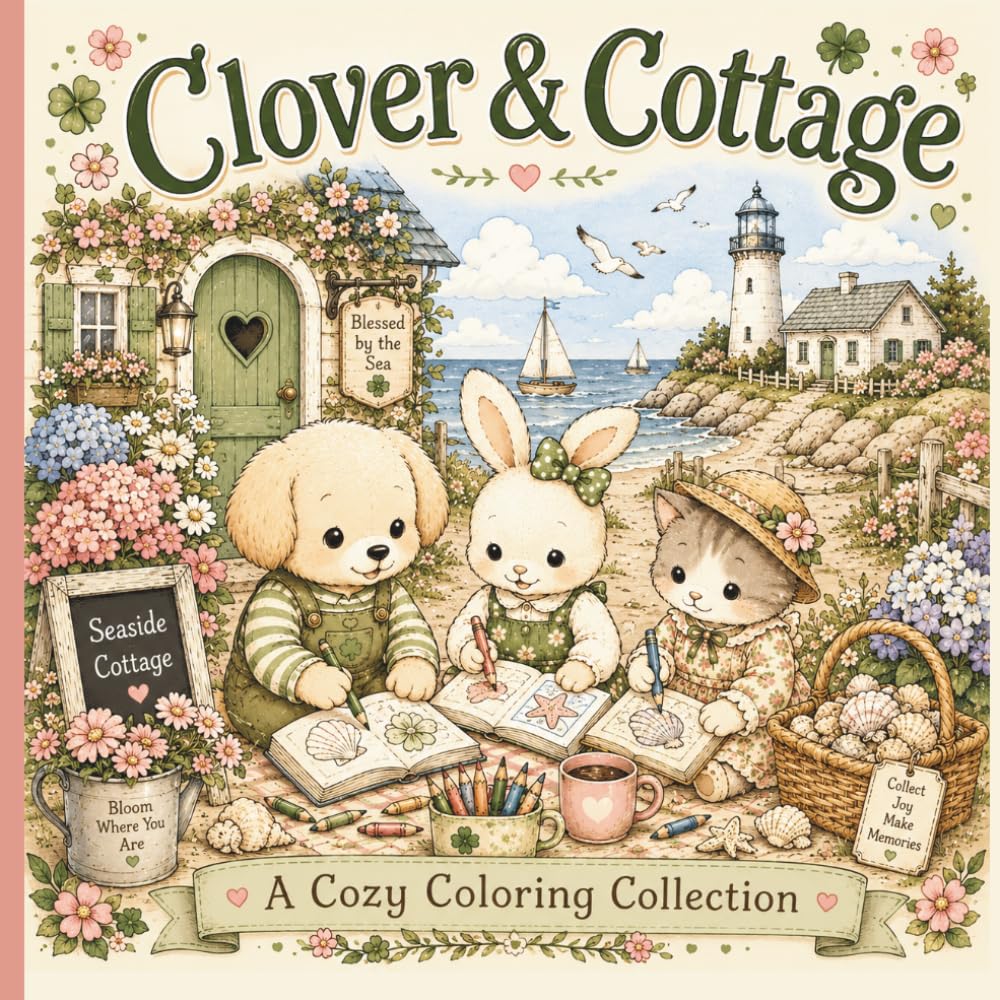 Clover & Cottage: Coastal Cottage: A Cozy Coloring Collection Featuring Adorable Animals, Seaside Gardens, Whimsical Beach Days, and Relaxing Coastal Cottagecore Scenes
