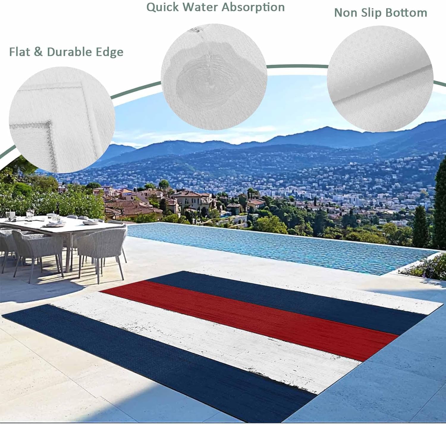 Vandarllin Outdoor Patio Rug 5x8 Ft, Red White and Blue, Machine Washable, Non-Slip, Medium Pile, Rectangular, Striped, Polyester, Farmhouse, Retro, Modern, Contemporary