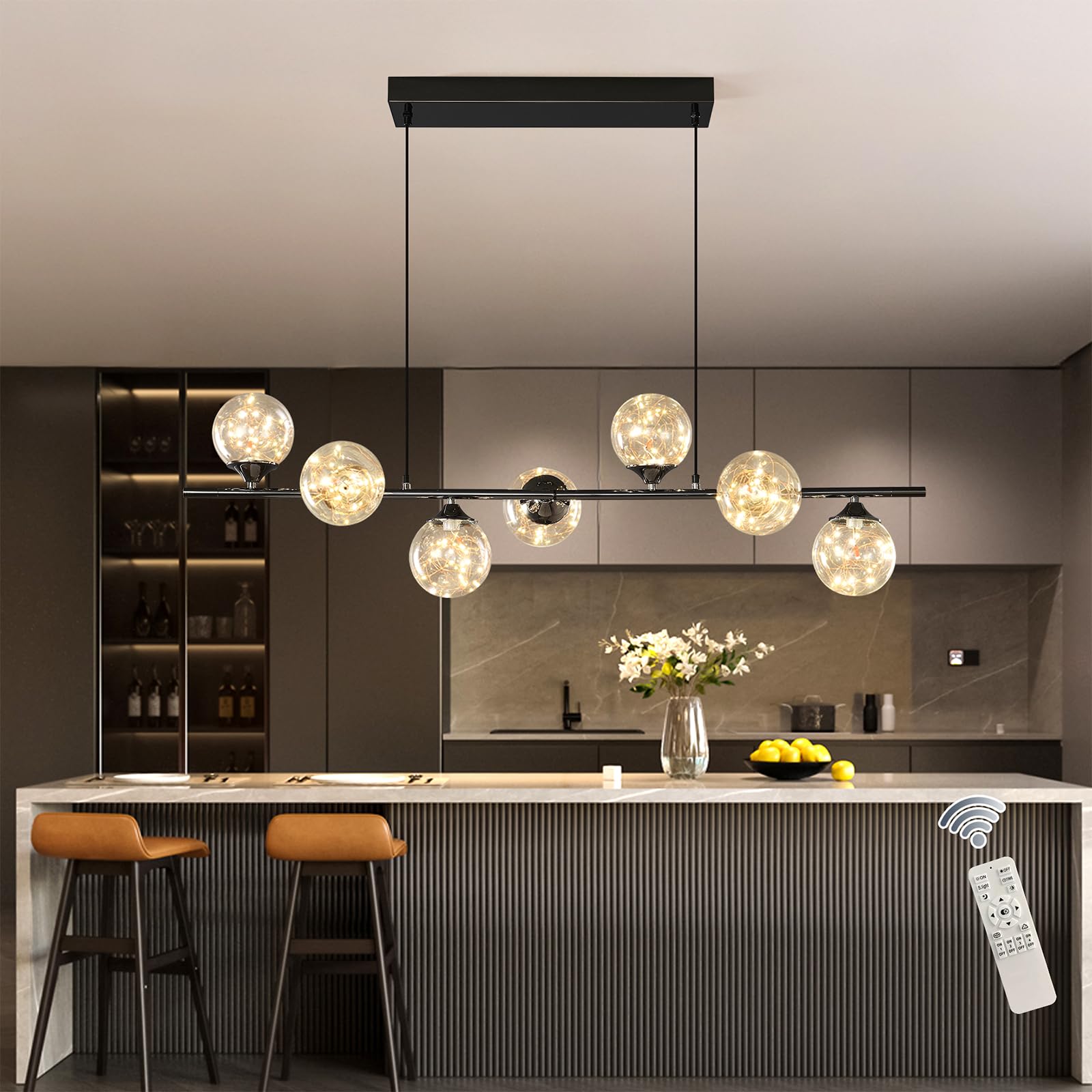 GEADI Modern Chandeliers Ceiling Light LED, 7 Lights Dimmable Glass Globle Chandelier, 150 CM Adjustable Kitchen Lights Ceiling, Large Black Hanging Light Ceiling for Living Room, Bar, Dining Room